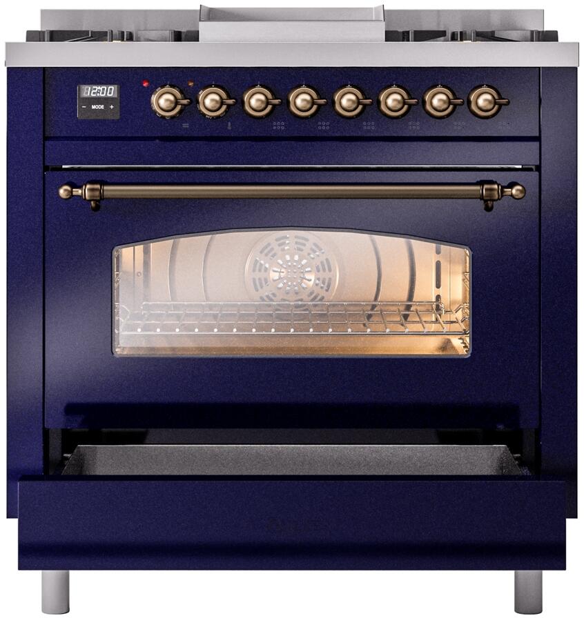 Midnight blue freestanding range with bronze handle and glass oven door window