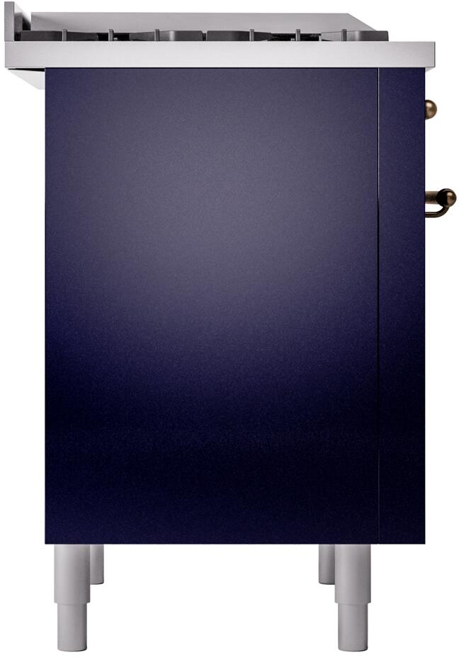 Midnight blue freestanding range side panel with bronze handle and white leveling feet