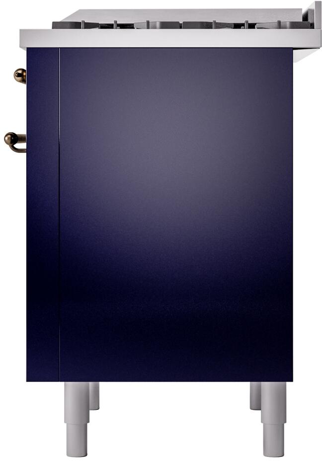 Freestanding dual-fuel gas range rear side panel, midnight blue finish with bronze trim