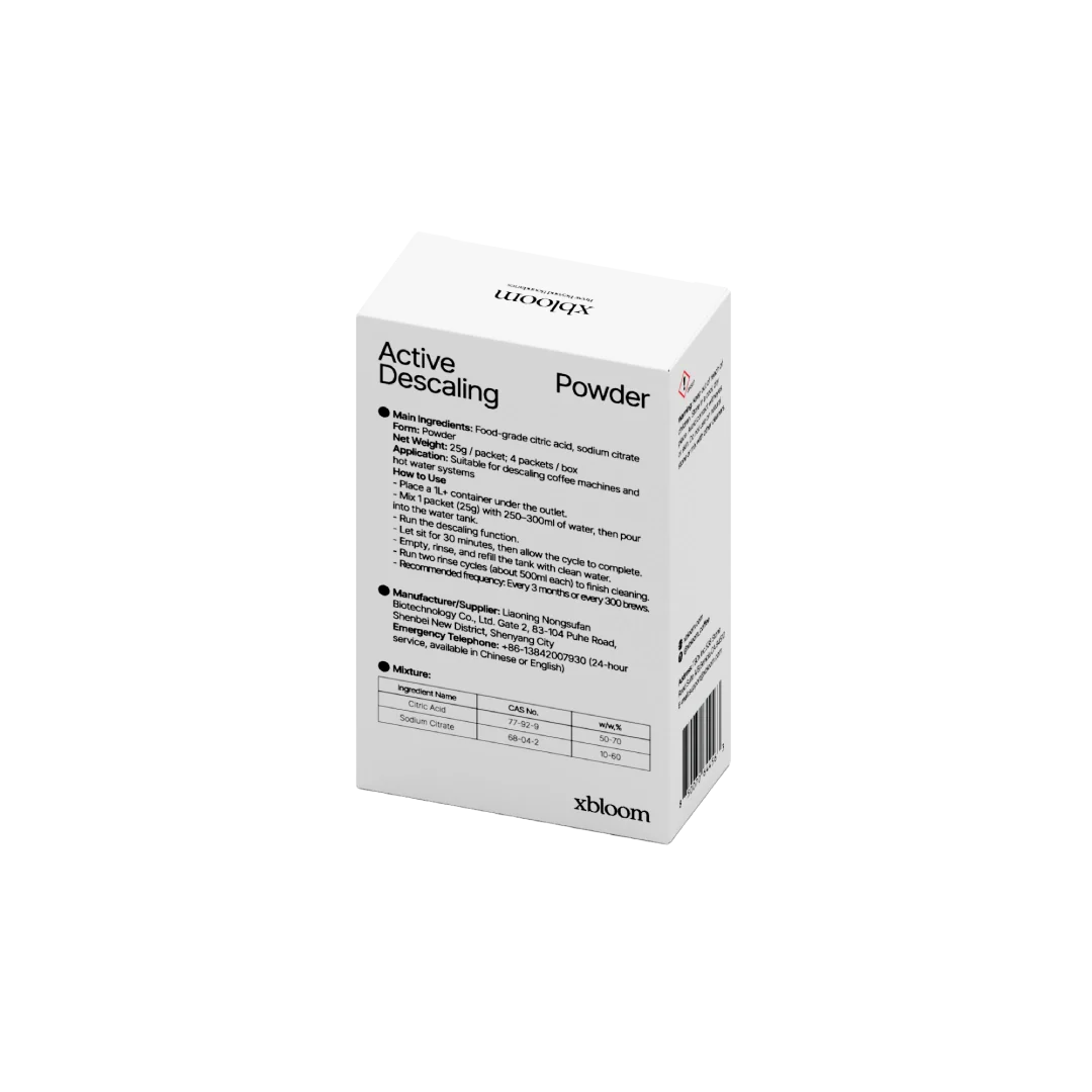 xBloom Active Descaling Powder box, back label with ingredient and usage text