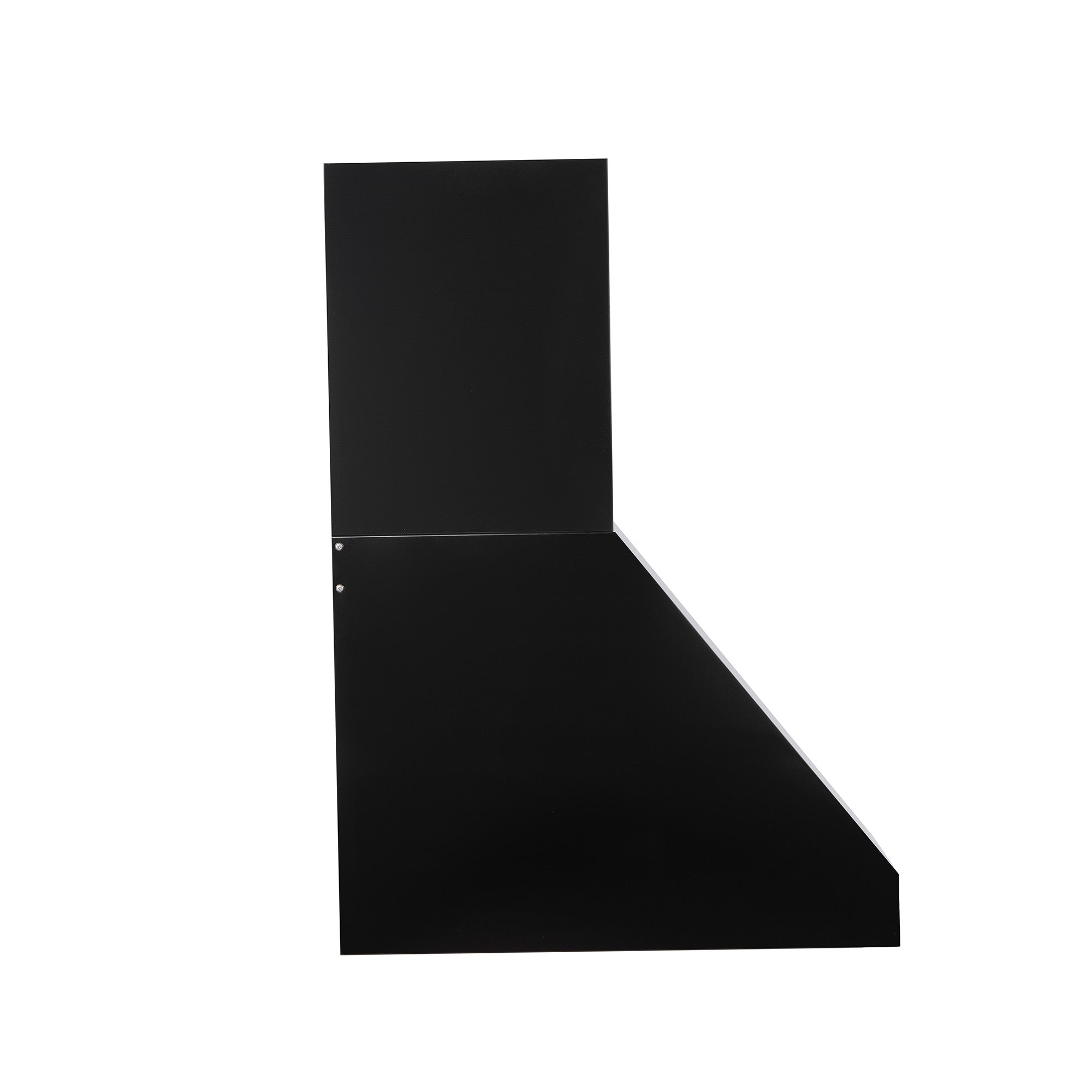 Dark wall mount range hood with angled canopy and rear chimney extension