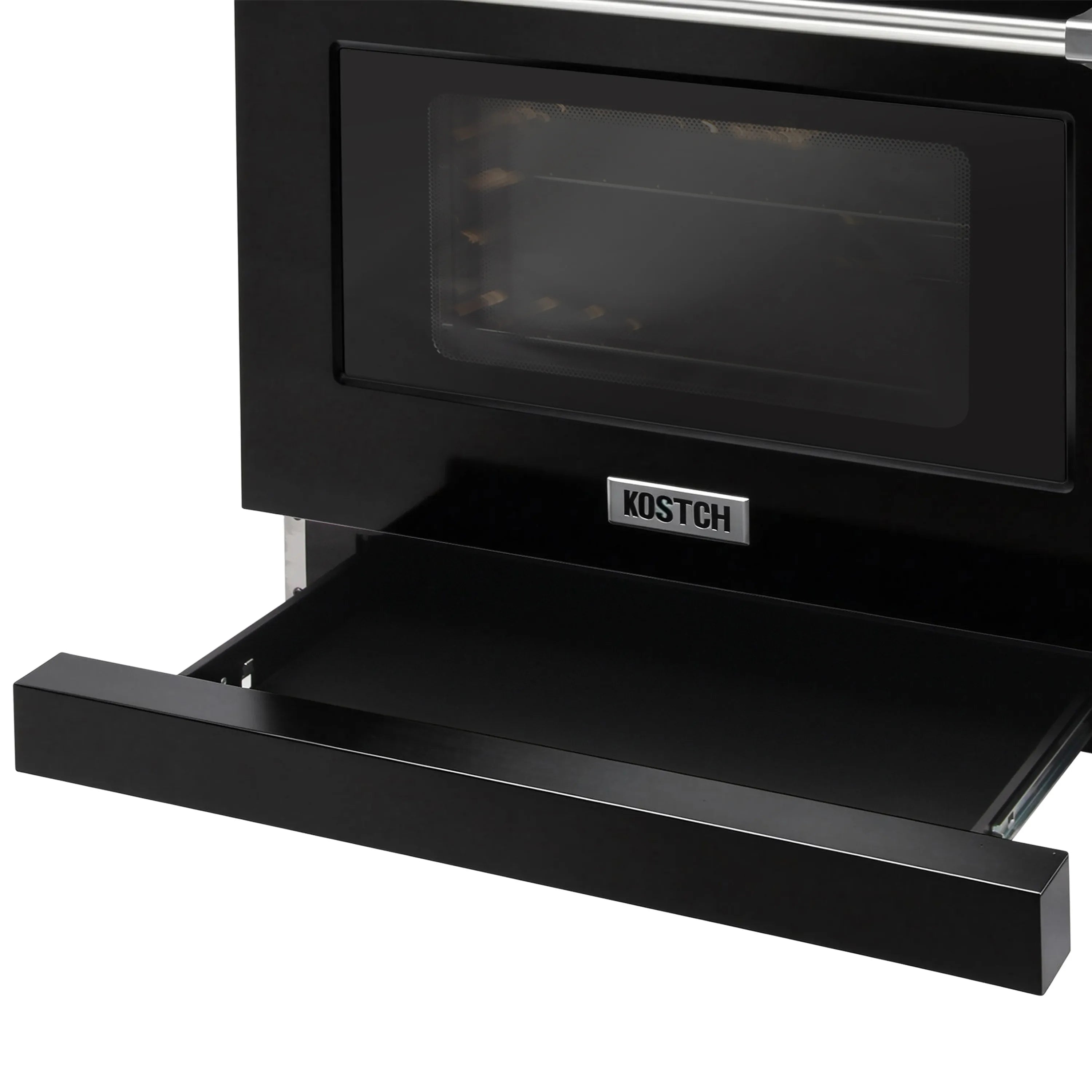 Black propane gas range with open oven door and front glass window