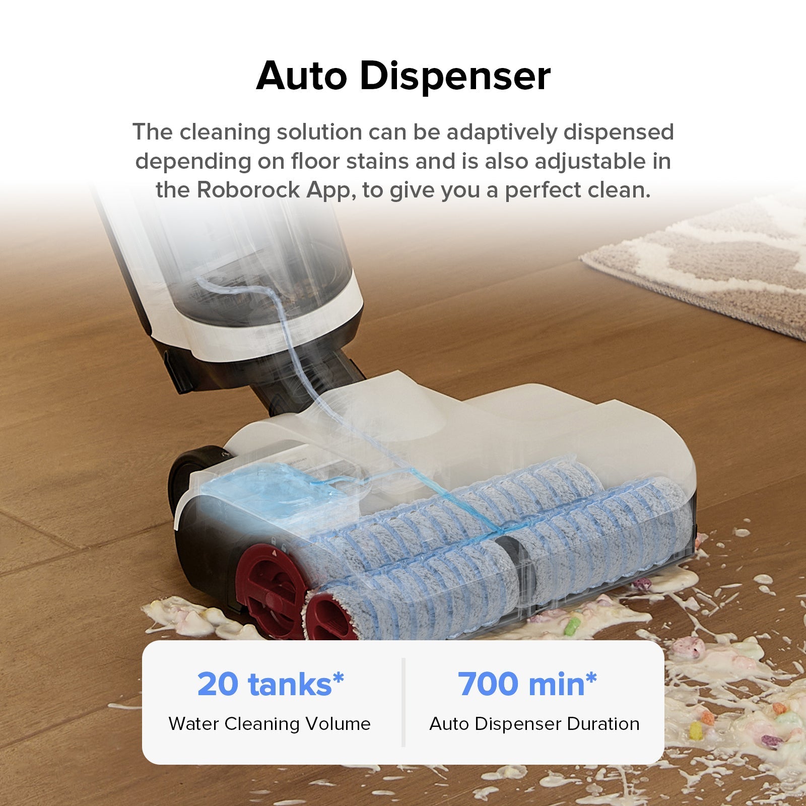Wet and dry vacuum cleaner with auto dispenser and rotating blue microfiber roller