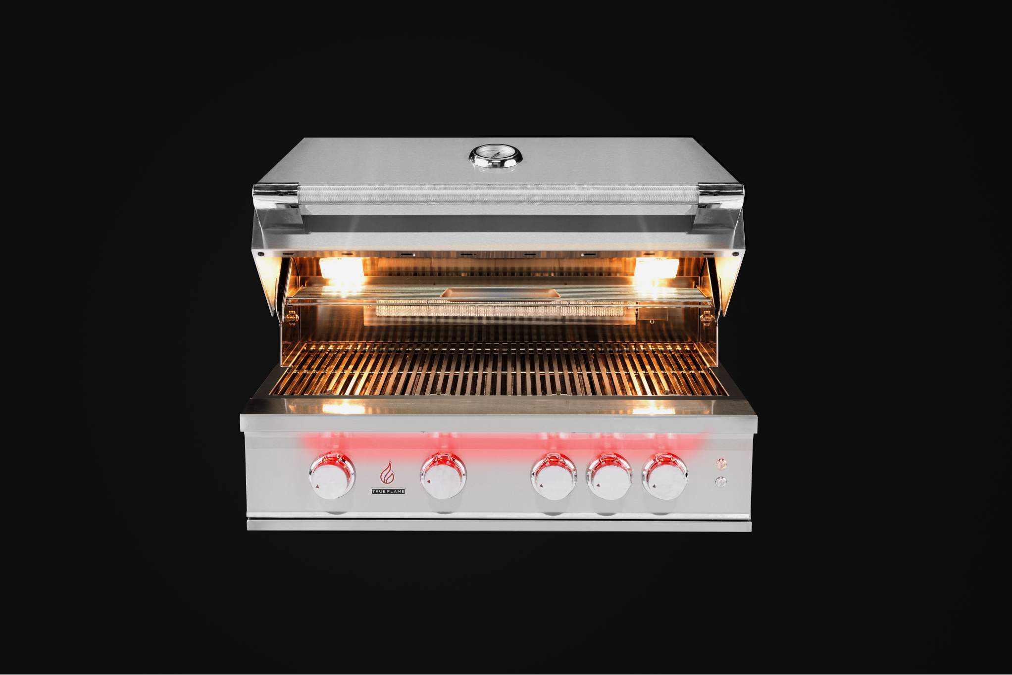 Stainless steel propane gas grill with open lid and glowing cooking grates