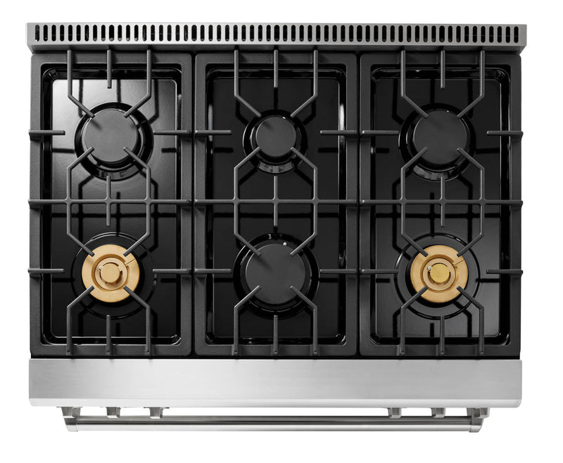 Thor Kitchen 6-Piece Appliance Package - 36-Inch Propane Gas Range, Tilt Panel, Refrigerator with Water Dispenser, Pro-Style Wall Mount Hood, Dishwasher, Microwave Drawer, & Wine Cooler in Stainless Steel