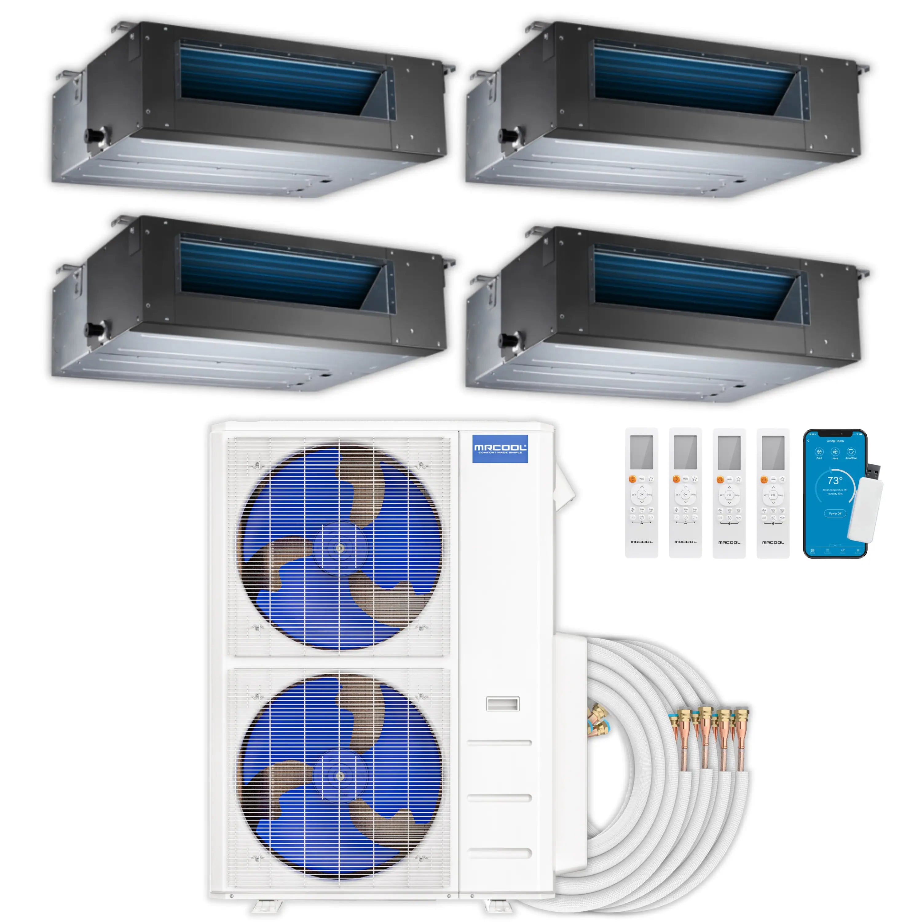 Ducted mini split kit with four ceiling concealed handlers and outdoor condenser