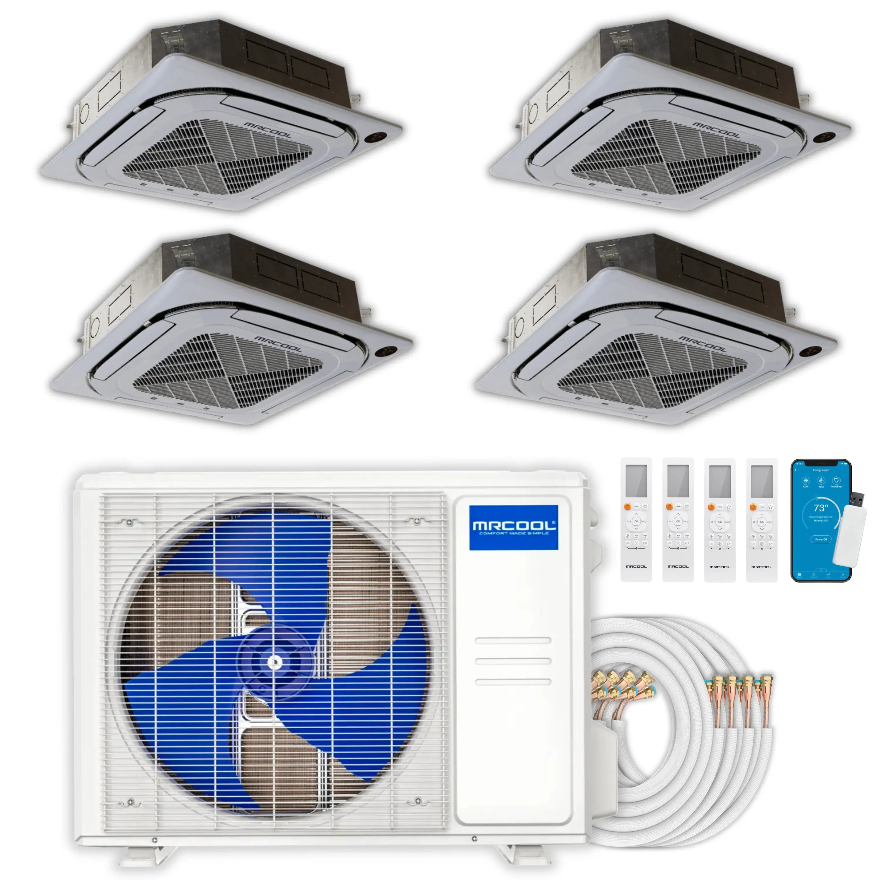 MRCOOL multi-zone mini split system with four ceiling cassettes, outdoor condenser, and accessories