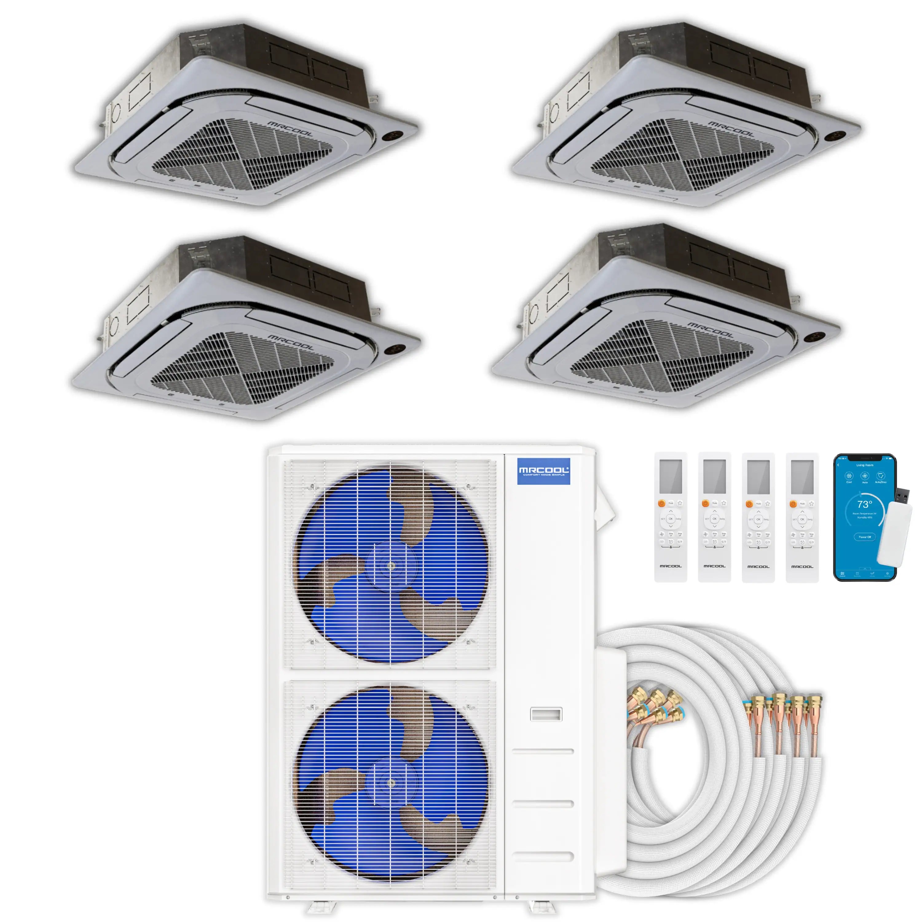 Multi-zone mini split set with four ceiling cassette air handlers and outdoor unit