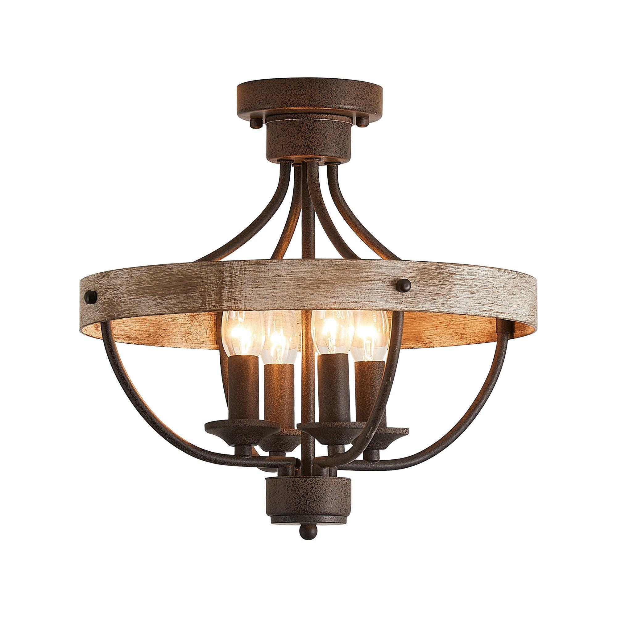 Industrial 4-light ceiling fixture with lit bulbs, brown ring and black metal guard