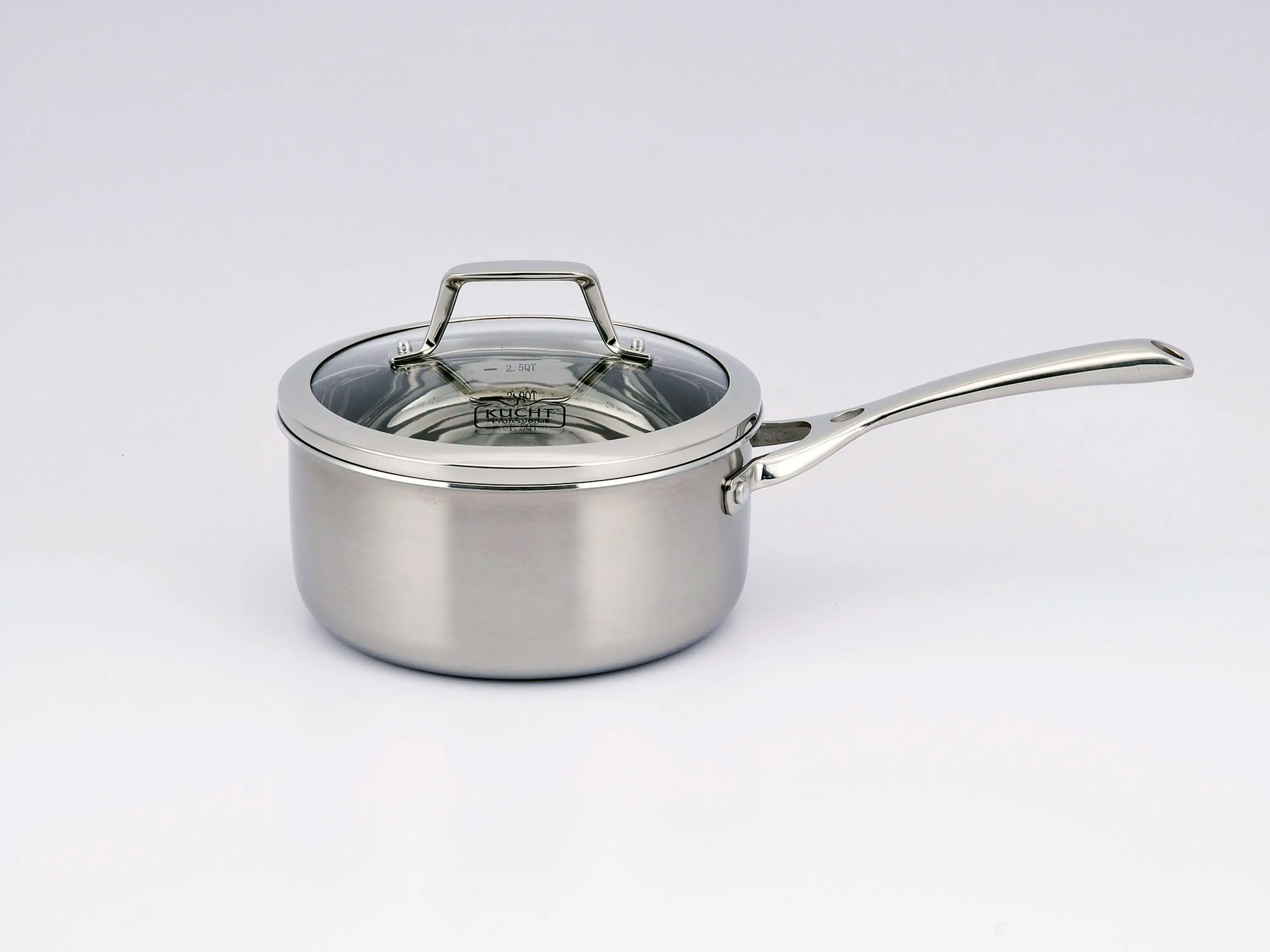 Stainless steel saucepan with lid and long pouring handle
