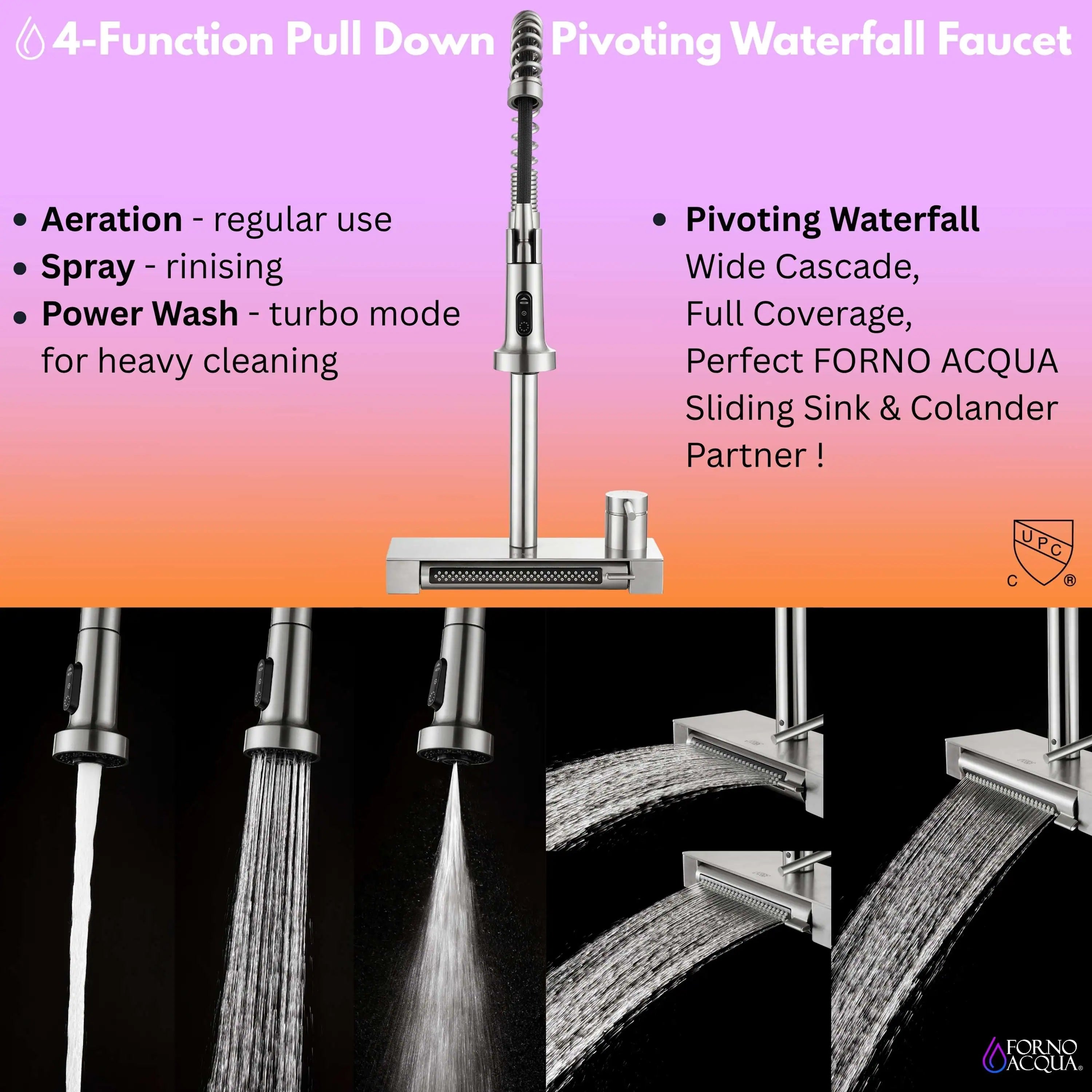 Waterfall kitchen faucet with multi-spray nozzle over stainless sink grid