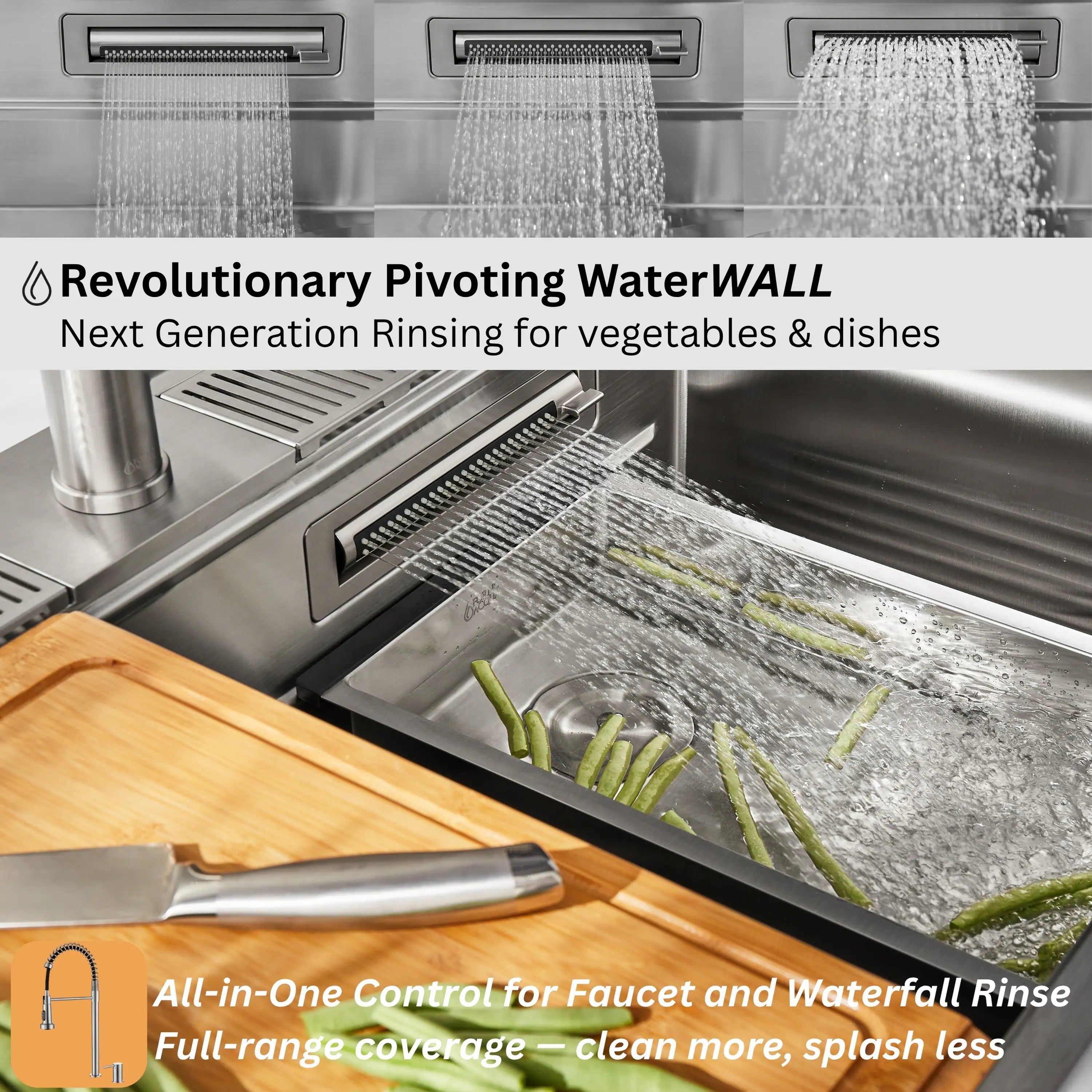 Stainless steel waterfall rinse station with vegetable sprayer and drainage grates