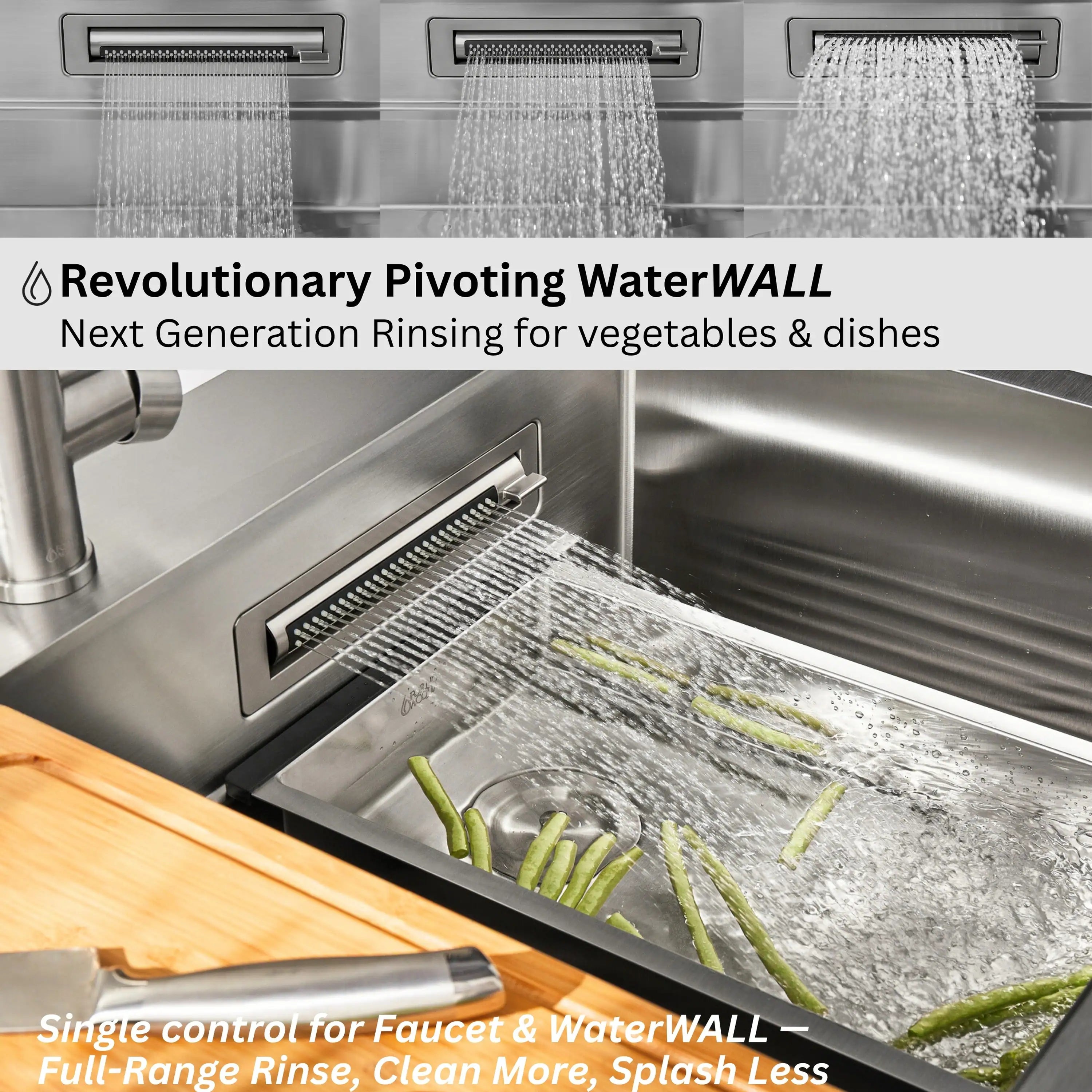 Revolving waterfall rinse feature on stainless steel sink with double basins and spray stream