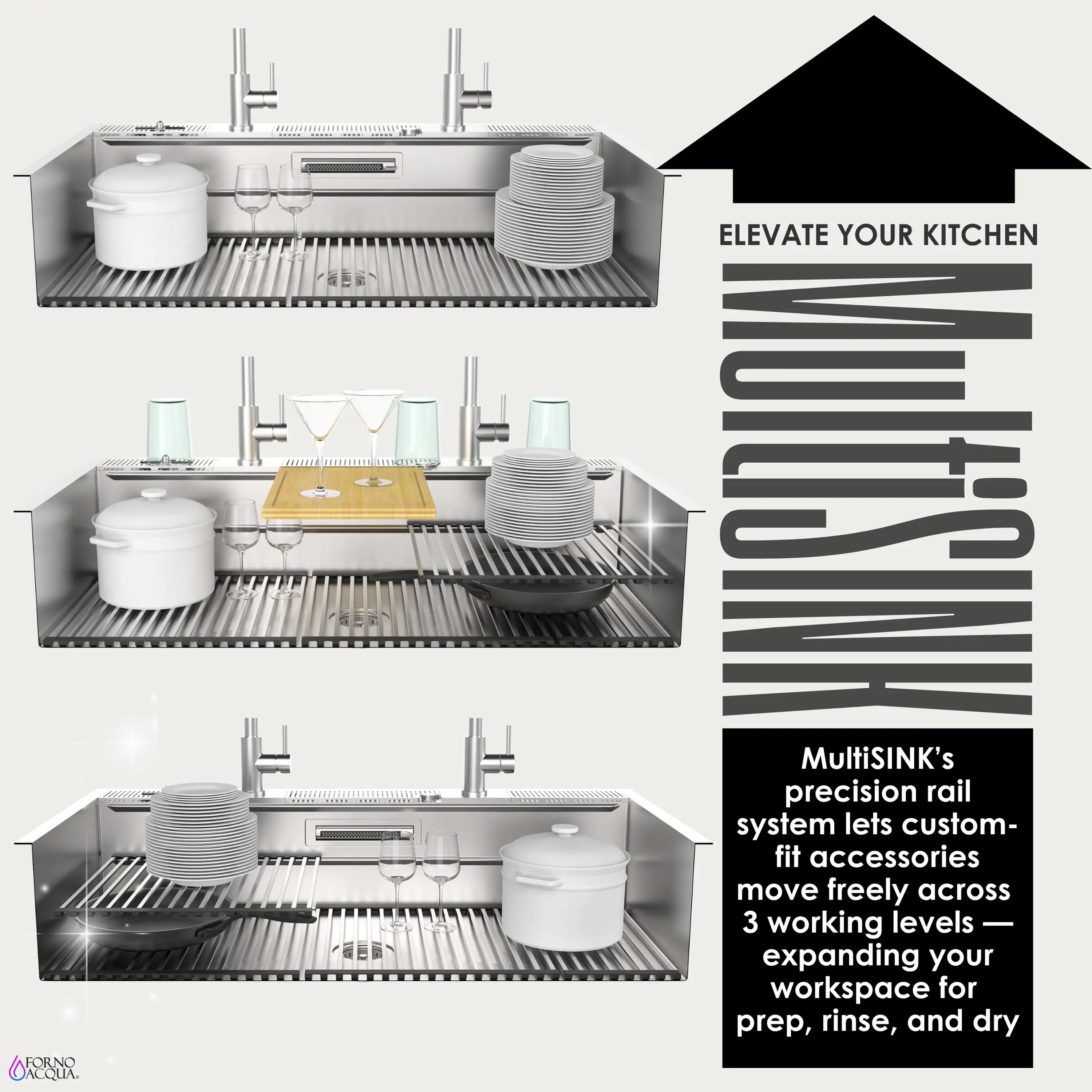 MultiSINK stainless workstation sink with three levels and precision rail system