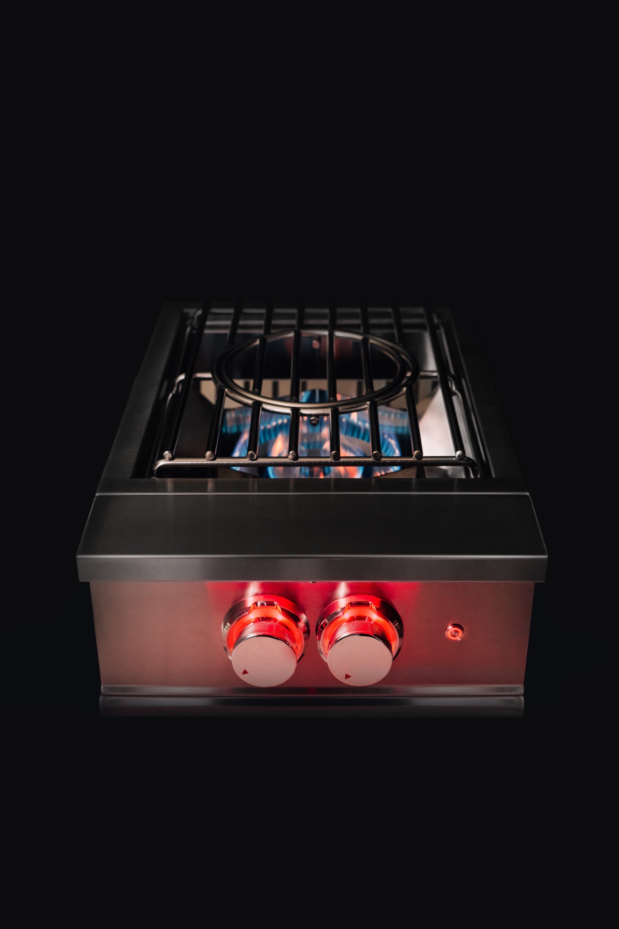 TrueFlame natural gas power burner in stainless steel with two red control knobs