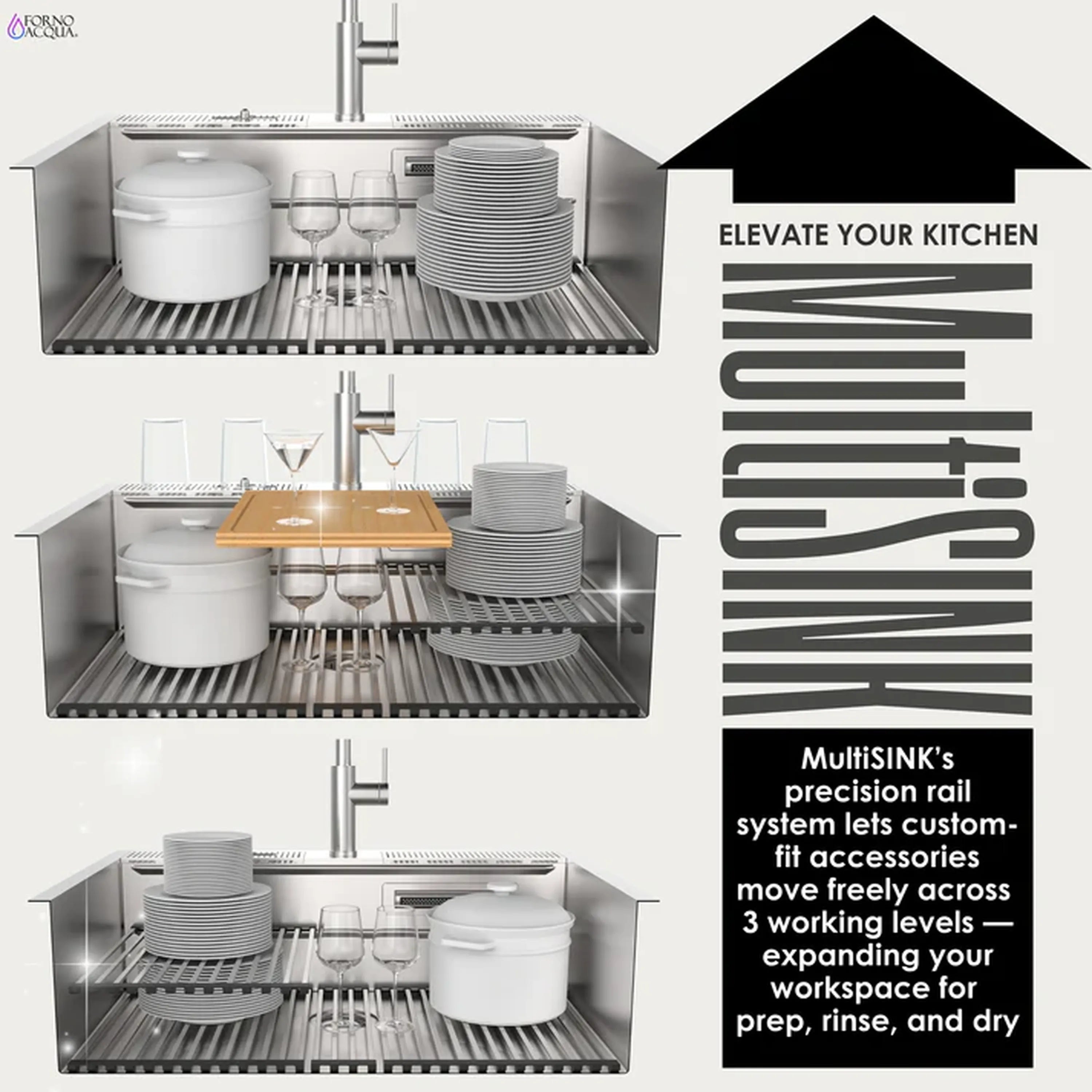 MultiSink workstation sink with tiered rails for stacking accessories across three levels