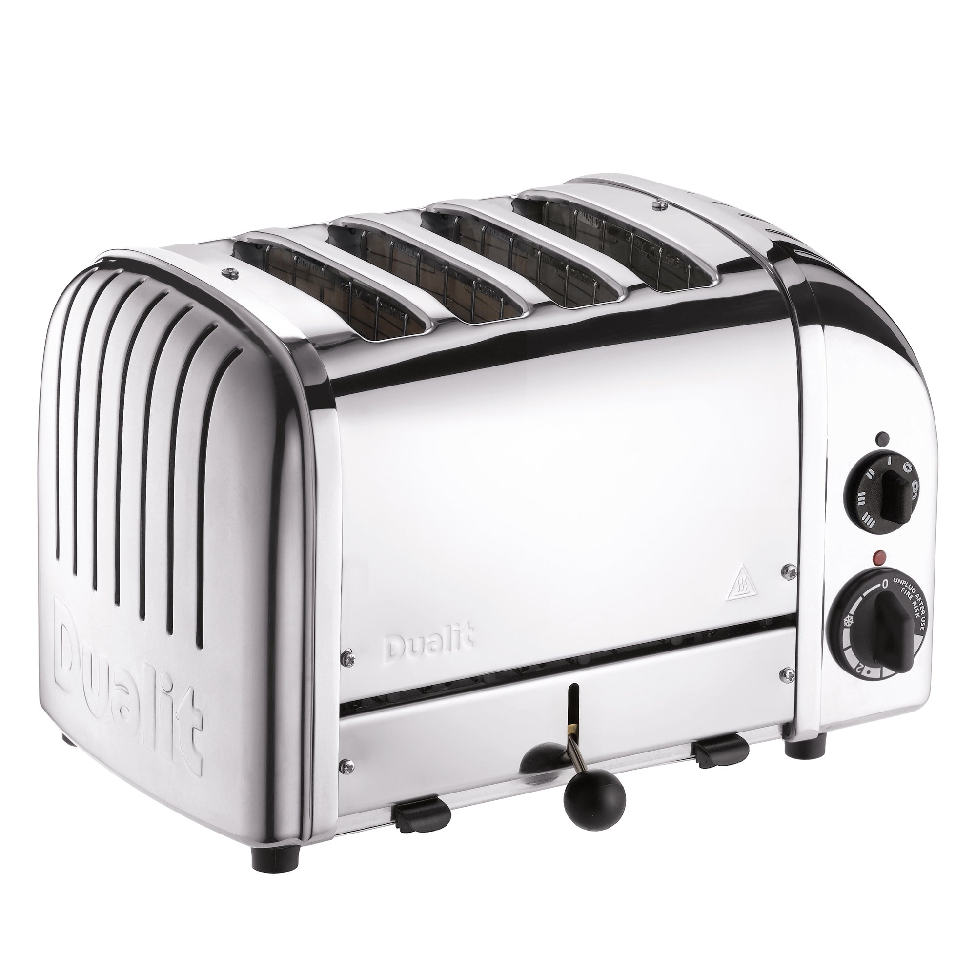 Dualit 4-slice chrome toaster with black top slots and two control knobs