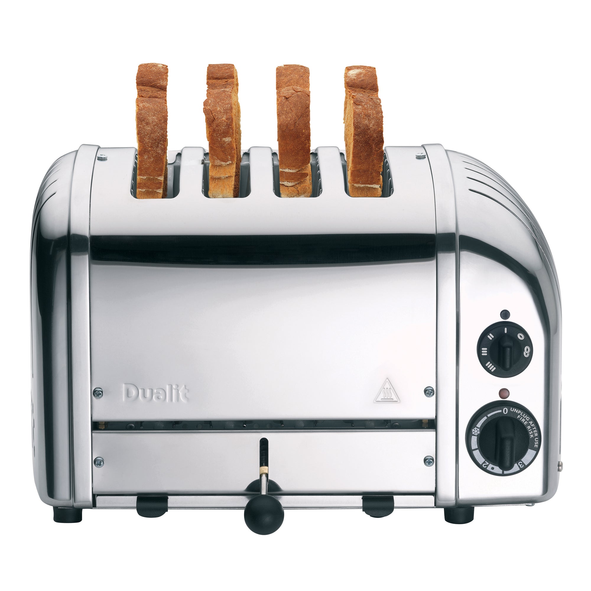 Dualit 4-slice chrome toaster with four toast slices rising from the slots