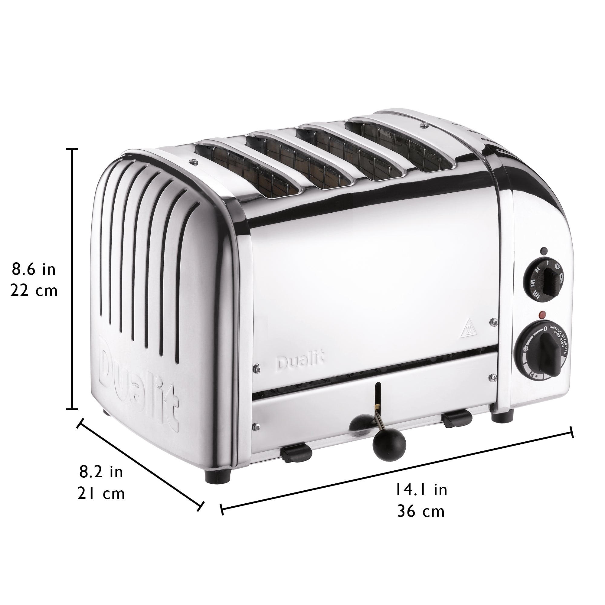 Dualit 4-slice chrome toaster with size measurement labels and control dials
