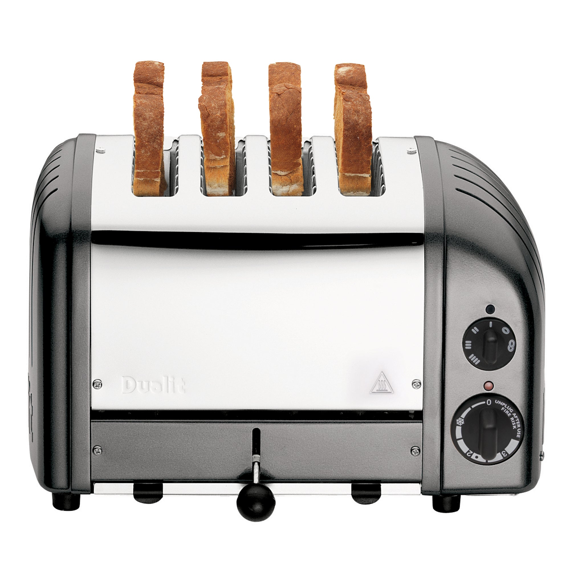 Dualit 4-slice toaster in metallic charcoal, front view with control knobs and lever