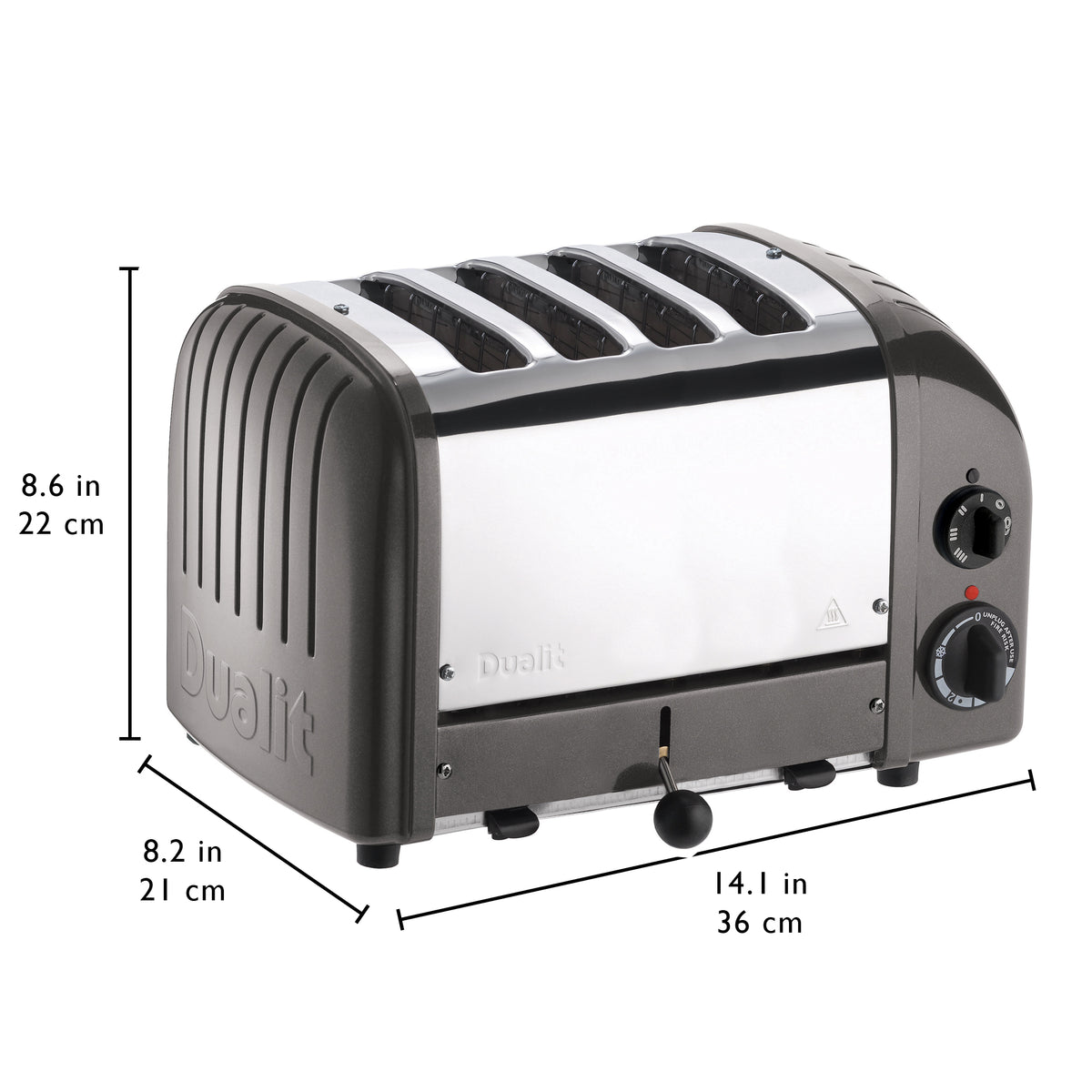 Dualit 4-slice toaster in metallic charcoal, front view with size measurement marks