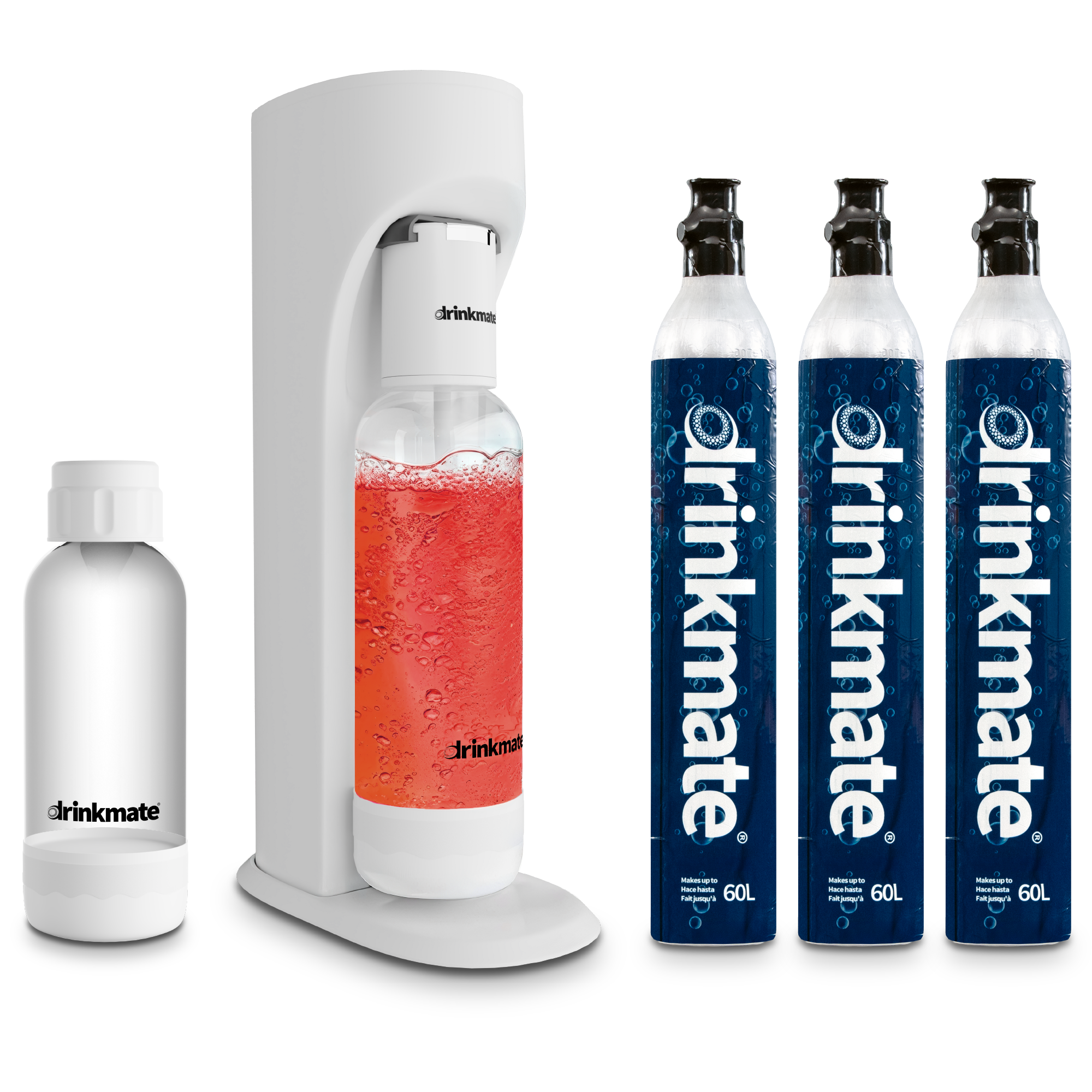 Classic White OmniFizz sparkling water maker with extra 0.5L bottle and three 60L bottles
