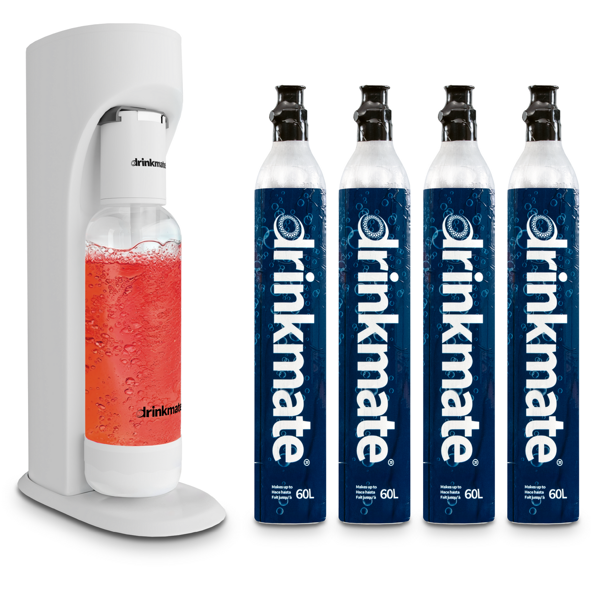 Drinkmate OmniFizz sparkling water maker with four PET bottles, white base and blue bottles