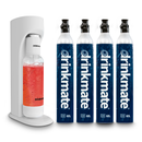 White Drinkmate OmniFizz soda maker with one red carbonated bottle and four blue 60L cylinders