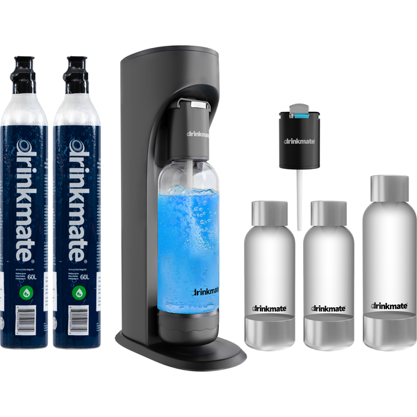 Drinkmate OmniFizz Sparkling Water and Soda Maker 2 Cylinder and extra Stainless Steel Bottles Limited Edition Bundle