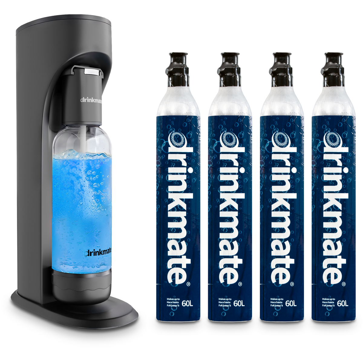 Drinkmate OmniFizz sparkling water maker with four PET bottles, black base and blue bottles