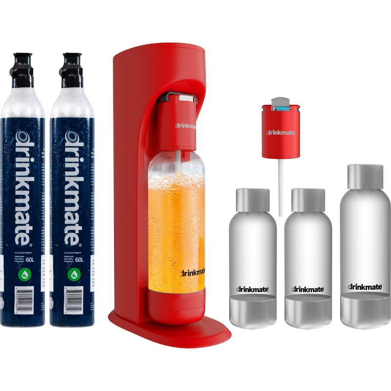 Drinkmate OmniFizz Sparkling Water and Soda Maker 2 Cylinder and extra Stainless Steel Bottles Limited Edition Bundle