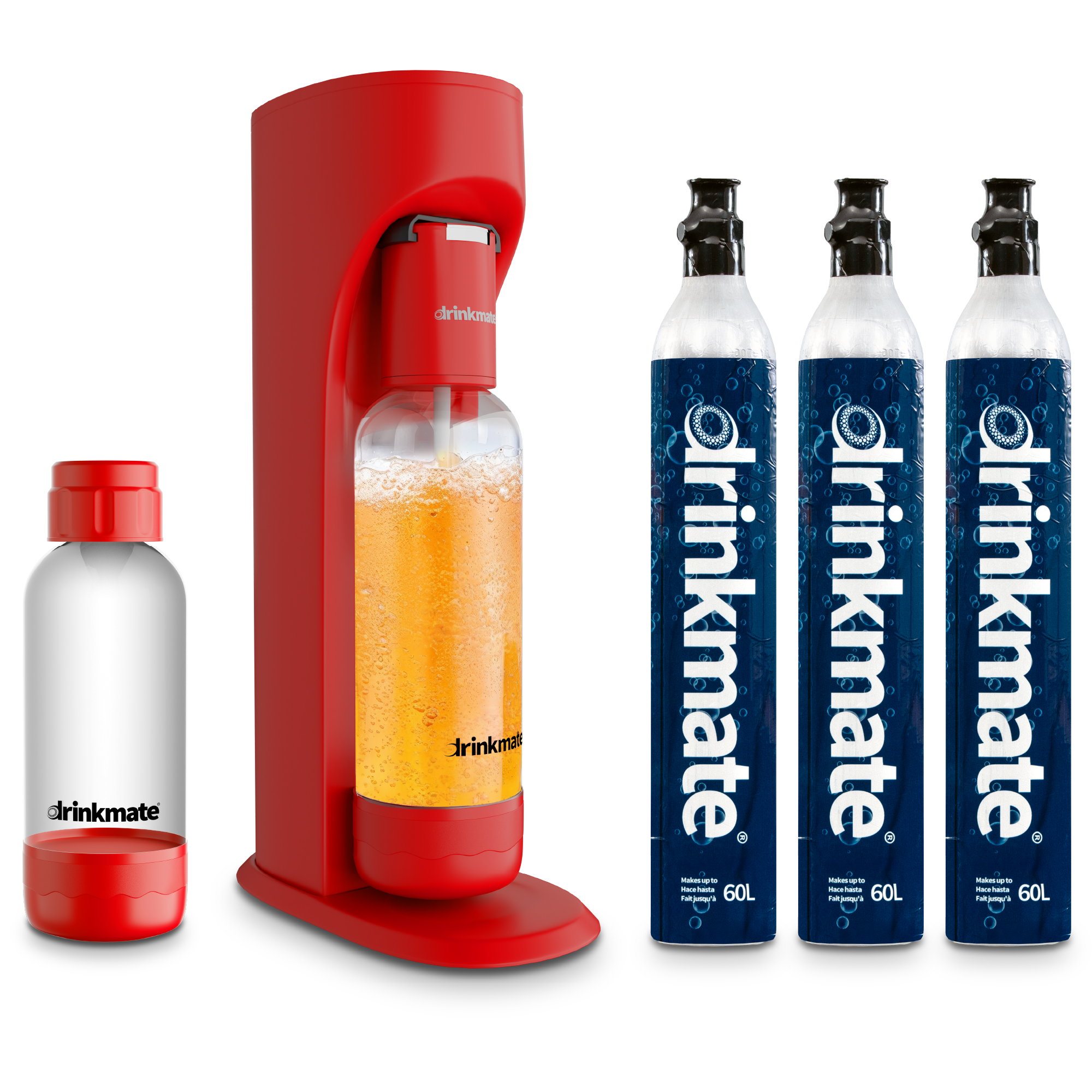 Royal Red OmniFizz sparkling water maker with extra 0.5L bottle and three 60L bottles