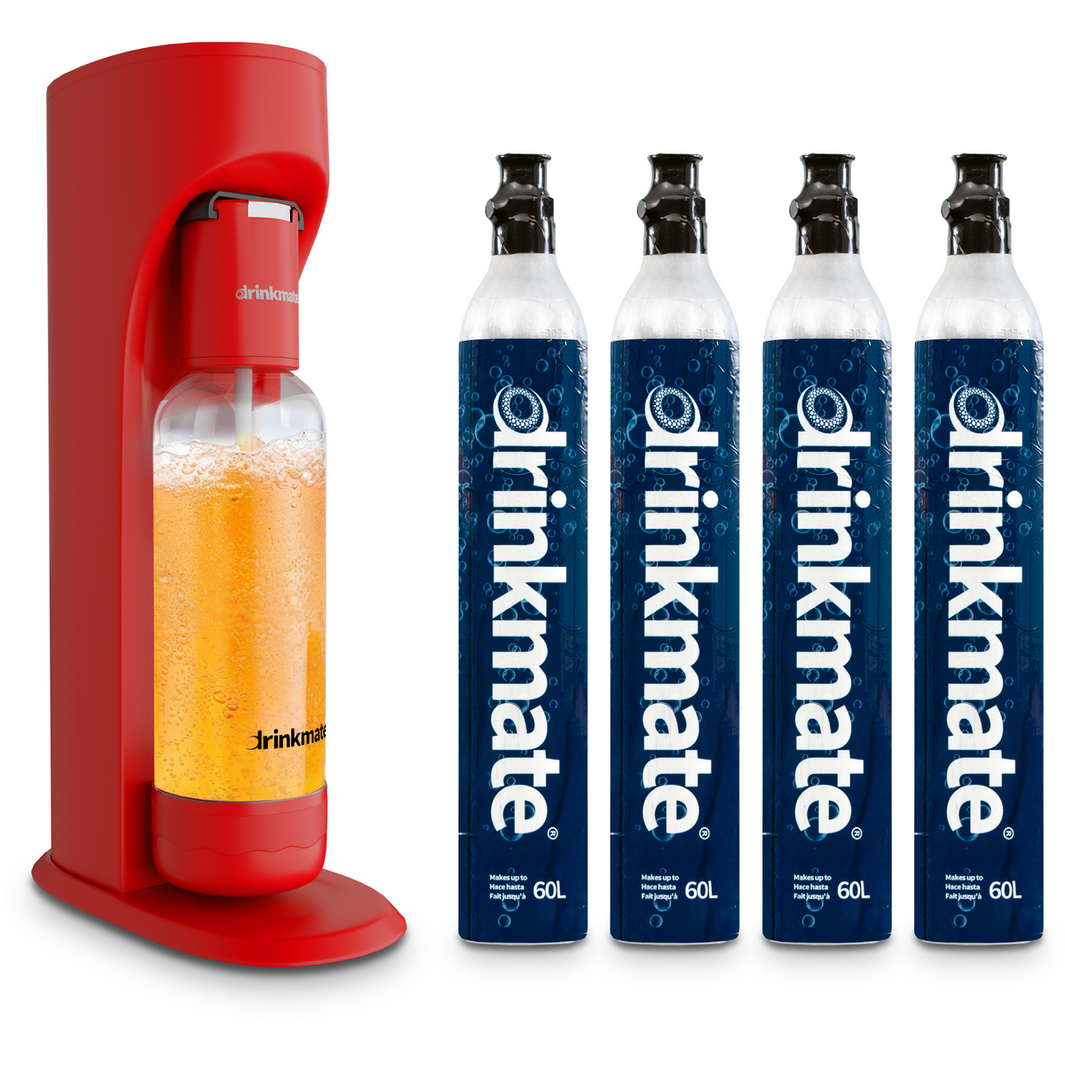 Red Drinkmate sparkling water and soda maker with four blue PET bottles
