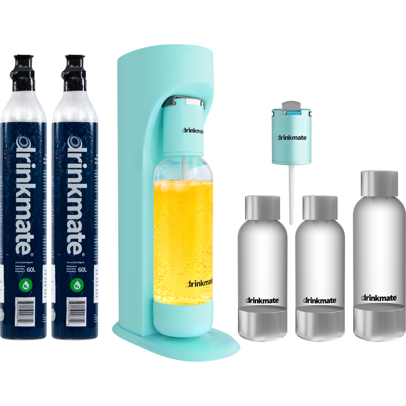 Drinkmate OmniFizz Sparkling Water and Soda Maker 2 Cylinder and extra Stainless Steel Bottles Limited Edition Bundle
