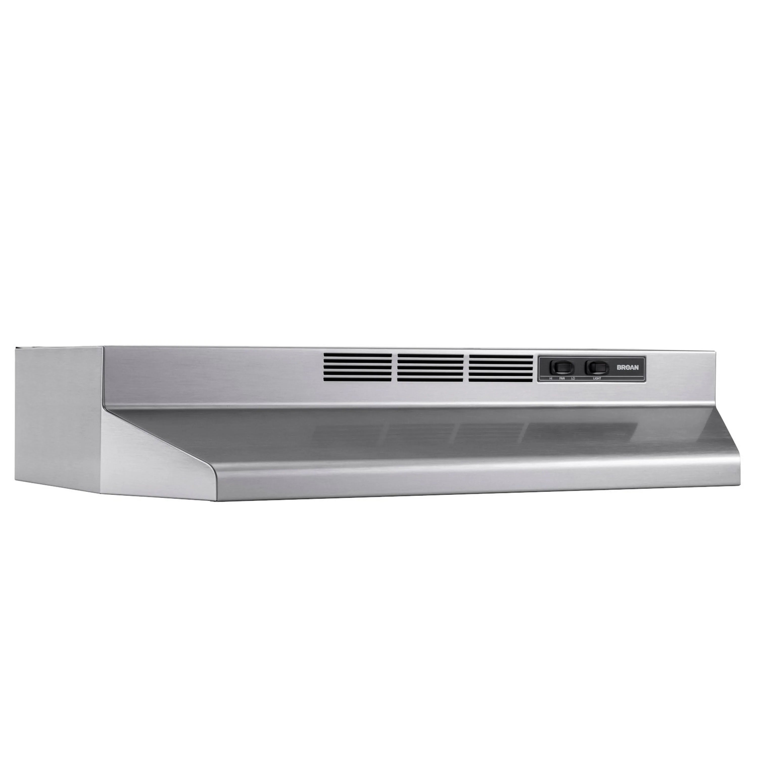 Stainless steel under-cabinet ductless range hood with front grille and controls