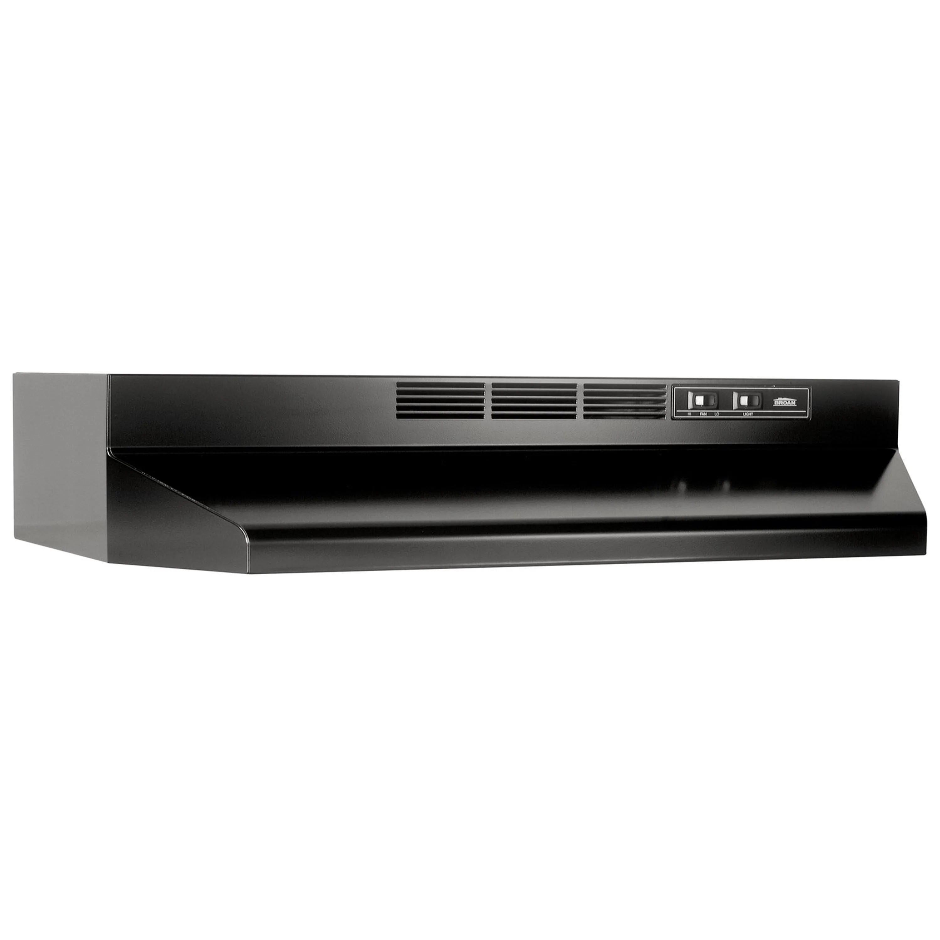 Black under-cabinet range hood underside with vent grille and control strip