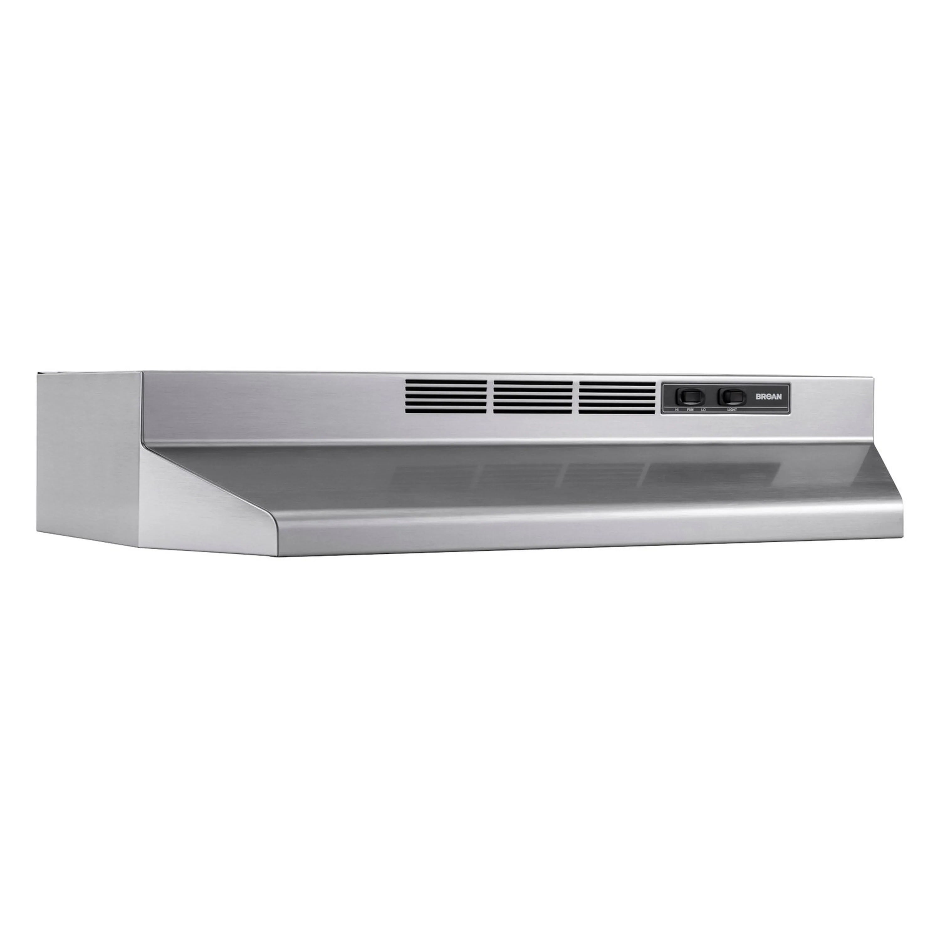 Stainless steel ductless under-cabinet range hood, horizontal vent grille