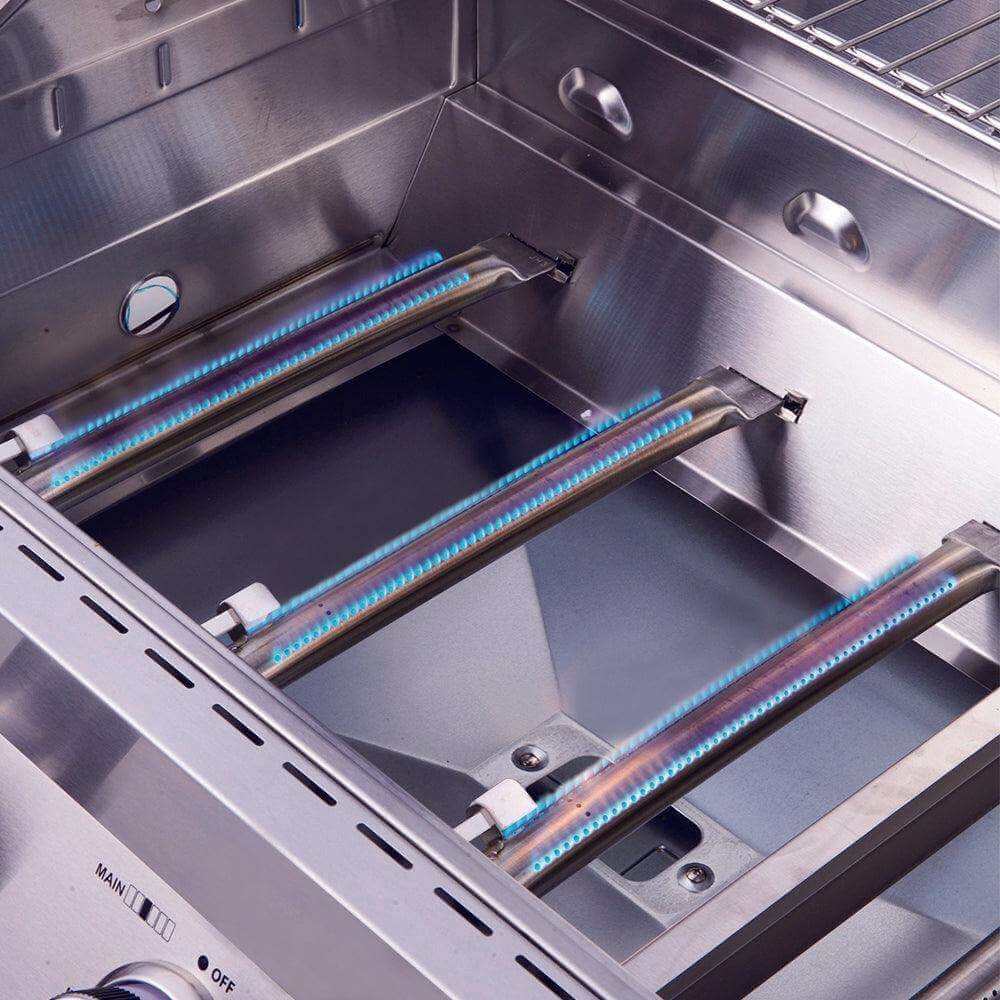 Stainless steel grill firebox with blue-lit infrared burners