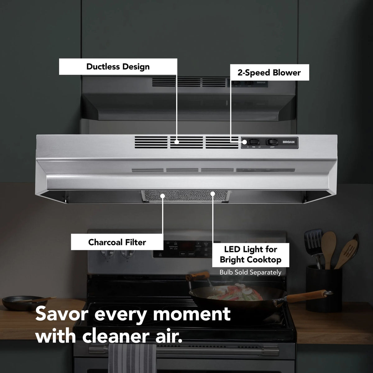 Stainless steel under-cabinet ductless range hood with vent grilles and control panel