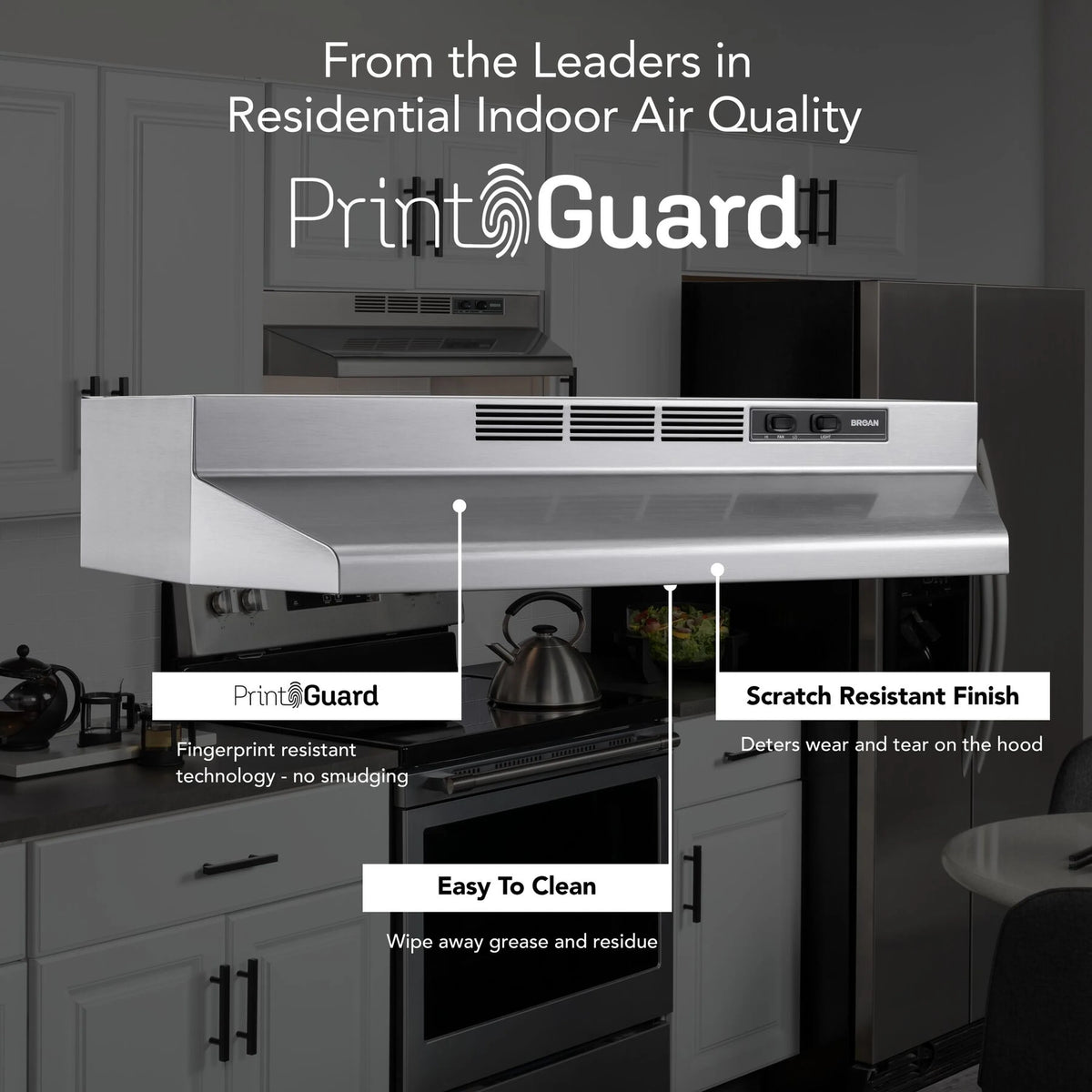 Stainless steel under-cabinet ductless range hood with visible LED light area