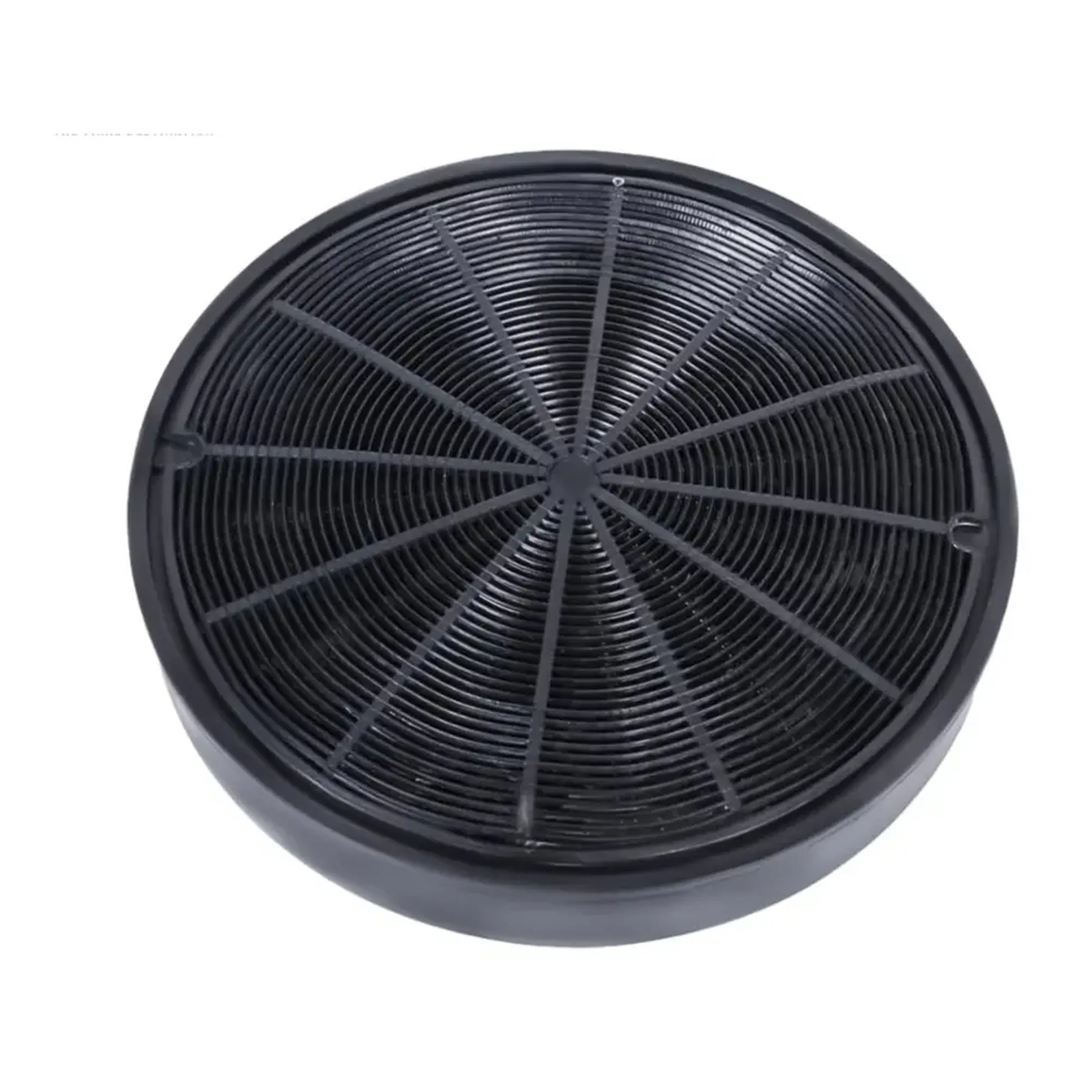 Round charcoal air filter with radial wire grille and dark charcoal housing