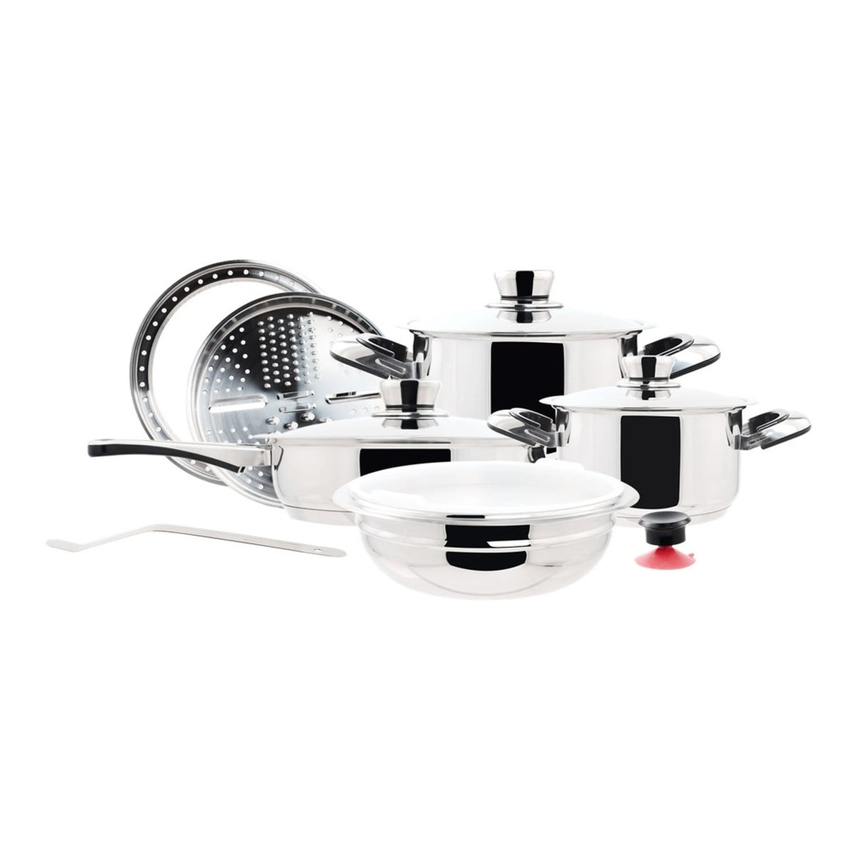 Stainless steel pot cookware set with matching lids and induction base disc, multiple sizes