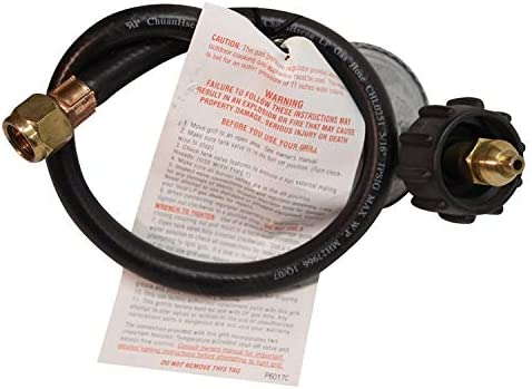 Broilmaster gas hose and regulator with brass fitting and warning label