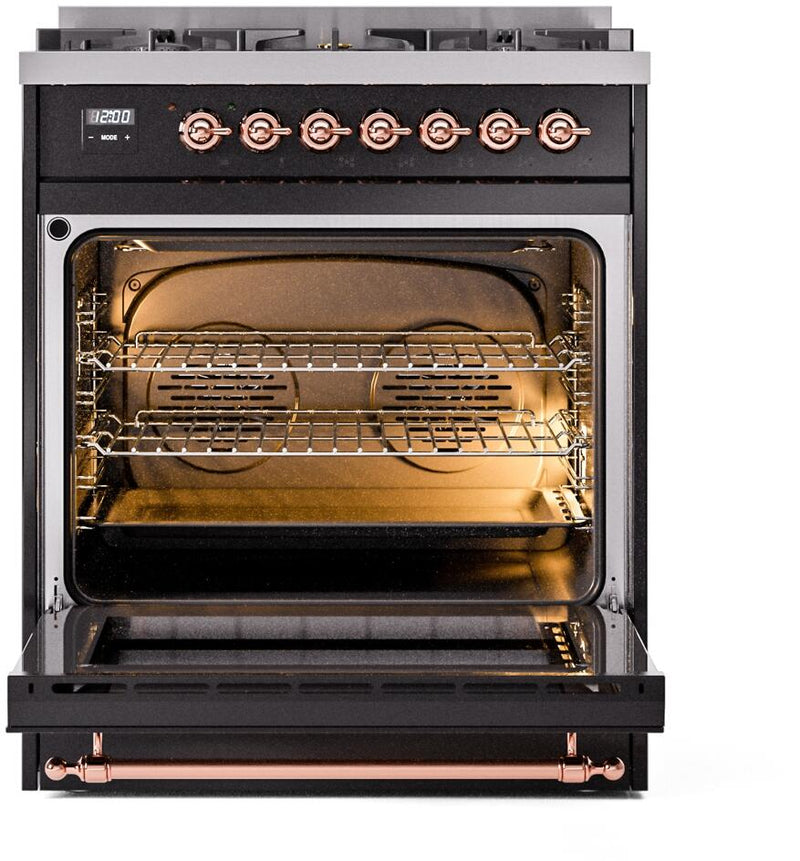 ILVE Nostalgie II 30-Inch Dual Fuel Freestanding Range in Glossy Black with Copper Trim (UP30NMPBKP)