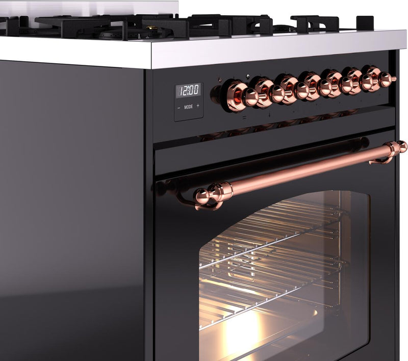 ILVE Nostalgie II 30-Inch Dual Fuel Freestanding Range in Glossy Black with Copper Trim (UP30NMPBKP)