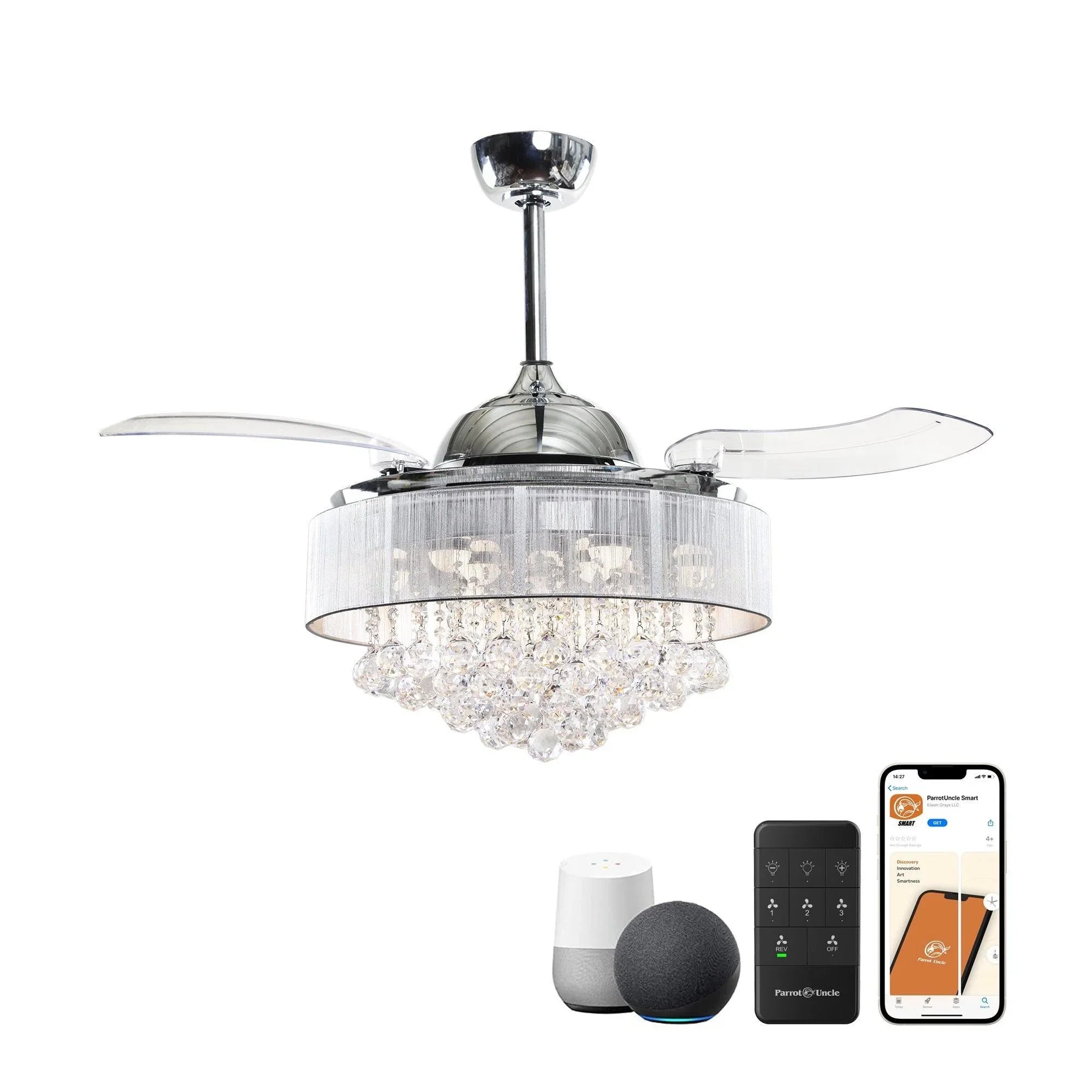 Chrome ceiling fan with clear LED crystal-style light cover and four glass-like blades