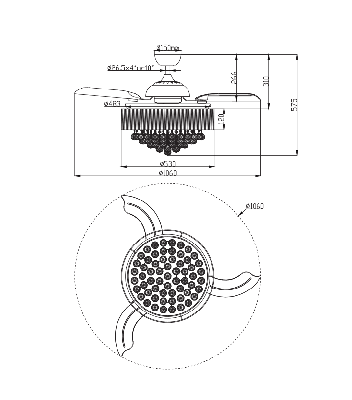 Line drawing of chrome ceiling fan with LED light housing and mounting dimensions