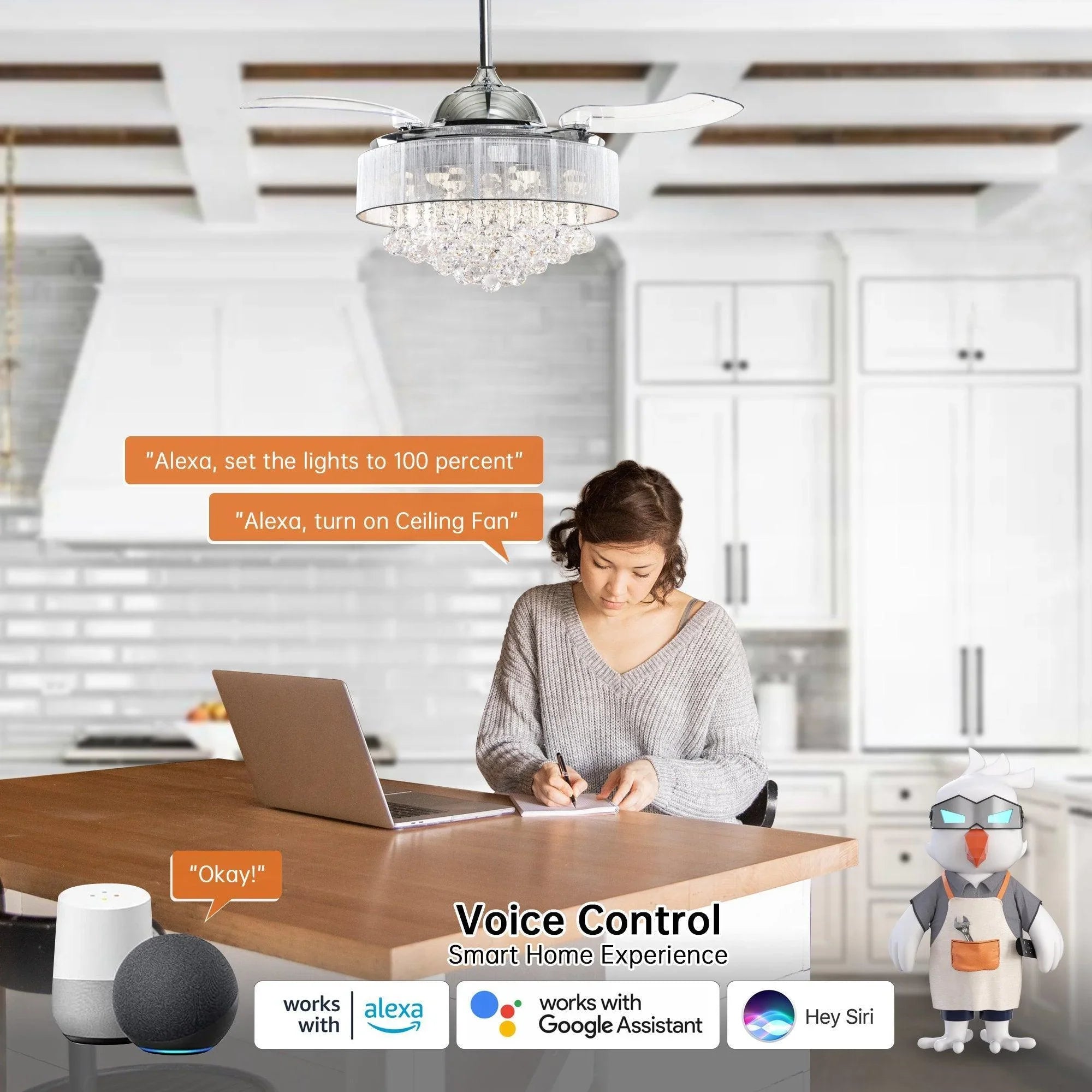 Chrome smart ceiling fan with crystal LED light, paired with voice-control smart speaker
