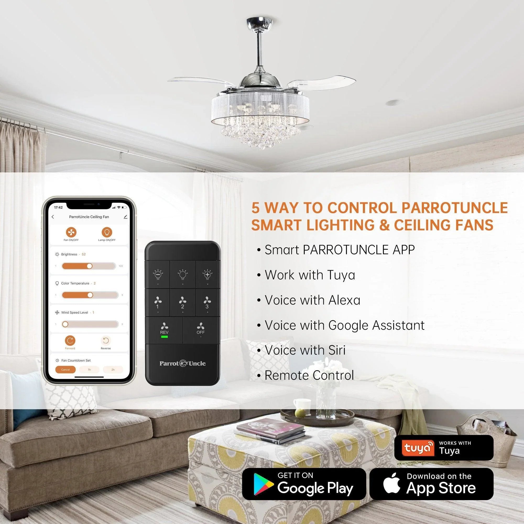 Chrome smart ceiling fan with crystal LED light, shown with control app icons and remote