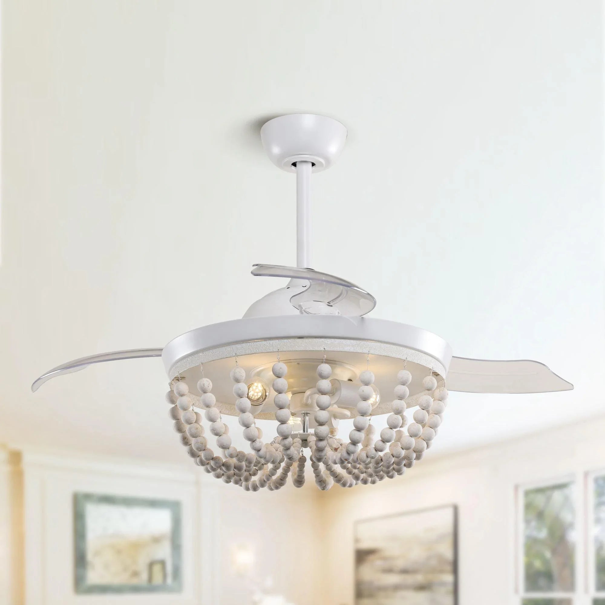 White farmhouse ceiling fan with beaded wooden look globe and integrated light kit